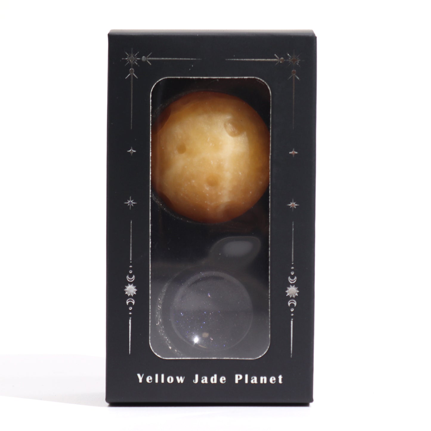 Gelber Jadeplanet auf einem Sola-Goldstone-Ständer (SATURN)
