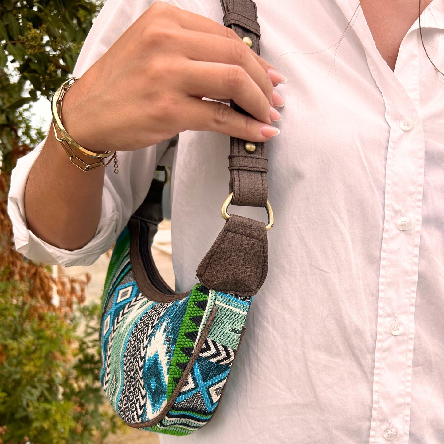 Jacquard Hobo Bag – Kräftiges Grün (brauner Riemen)