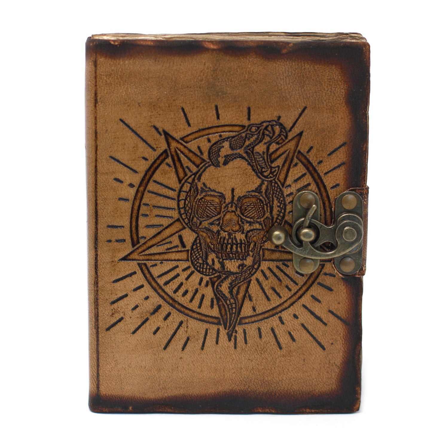Notizbuch aus Leder mit Pentagon und Totenkopf und Verbrennungsdetails (7x5 Zoll)