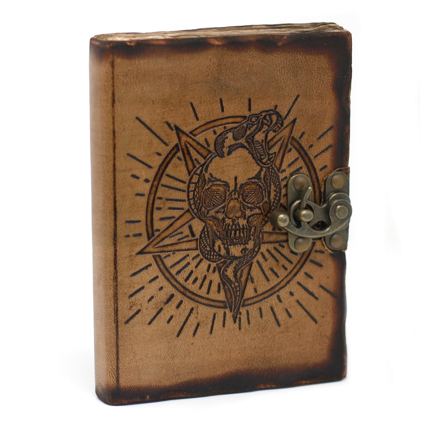 Notizbuch aus Leder mit Pentagon und Totenkopf und Verbrennungsdetails (7x5 Zoll)