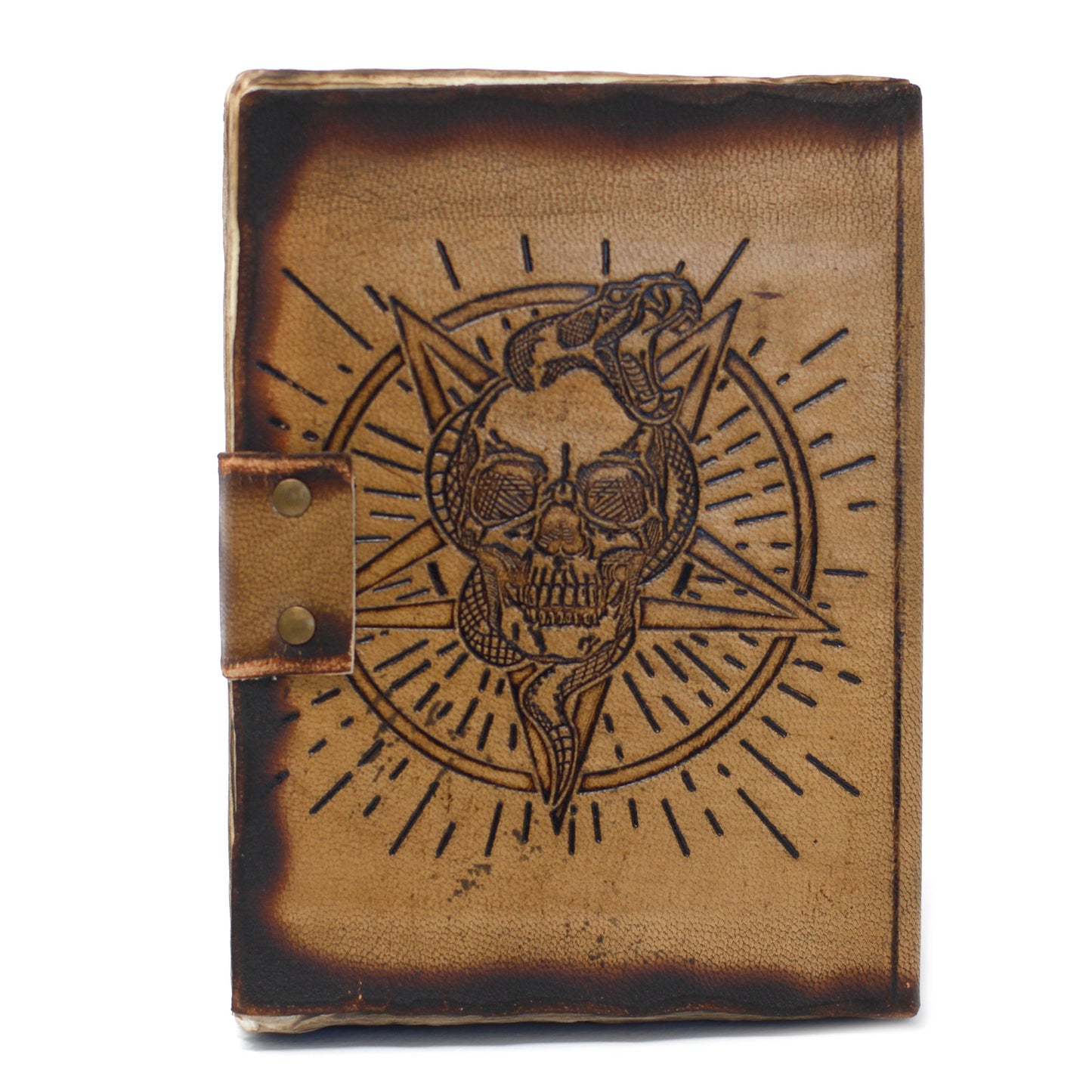 Notizbuch aus Leder mit Pentagon und Totenkopf und Verbrennungsdetails (7x5 Zoll)