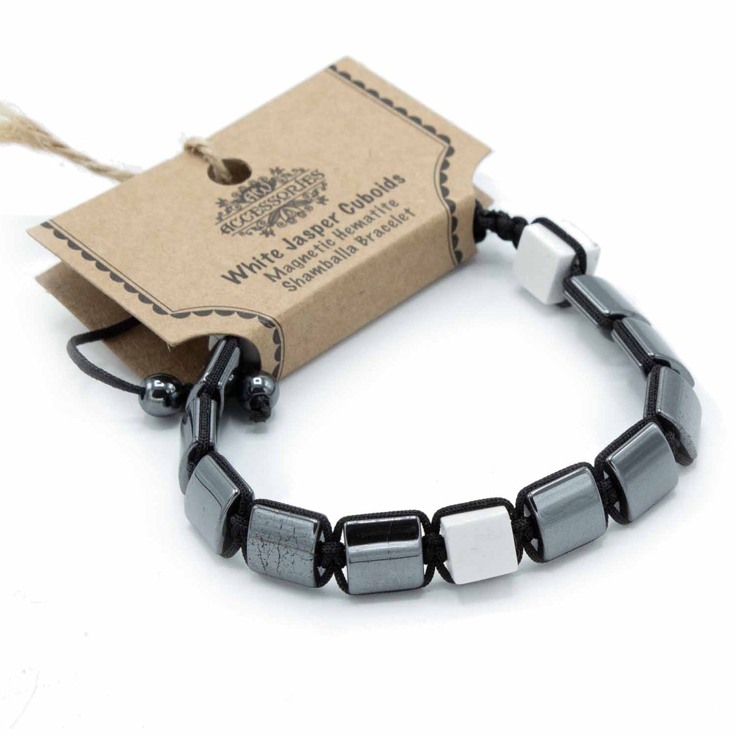 Magnetisches Hämatit-Shamballa-Armband - Weiße Jaspis-Quader