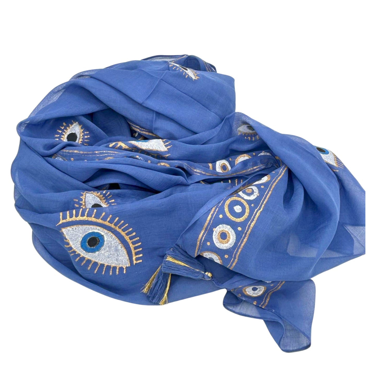 Nomad Sari On the Med Collection - Pareo- Rich Blue & Gold Hand Painted Evil Eye Design