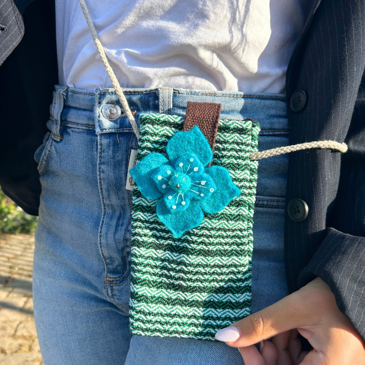 Phone Holder Bag Stripes Green - flower decor