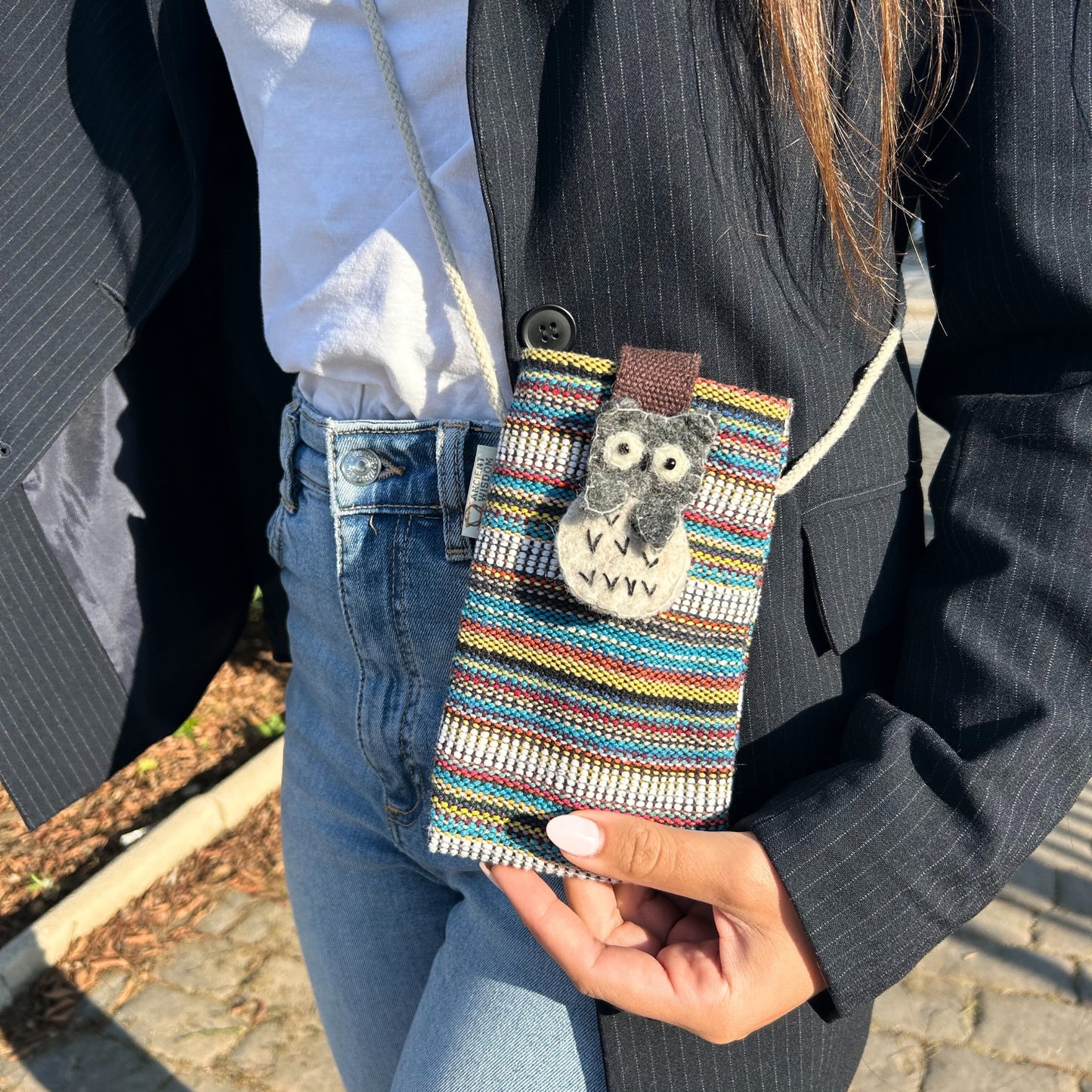 Phone Holder Bag Stripes Multi and White - owl decor