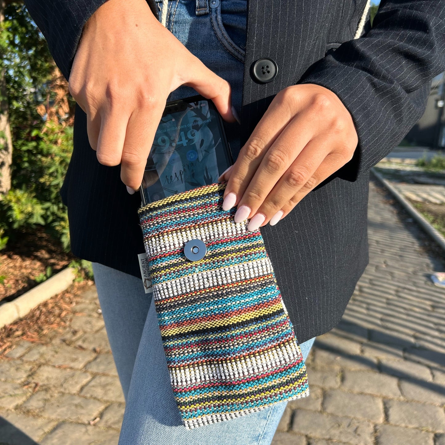 Phone Holder Bag Stripes Multi and White - owl decor