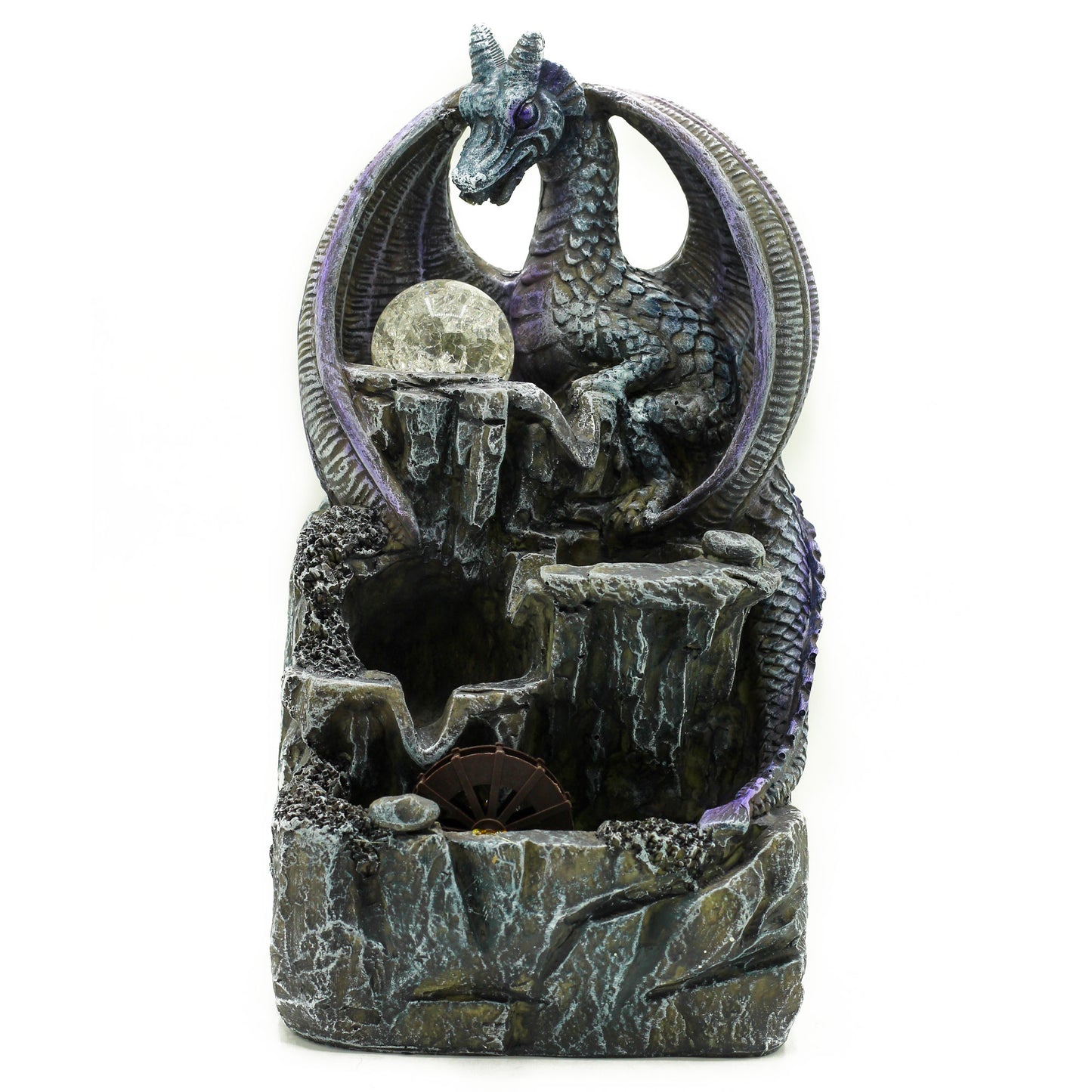 Tisch-Wasserspiel – 35 cm – Lila Drache, Kristallkugel und Wasserrad