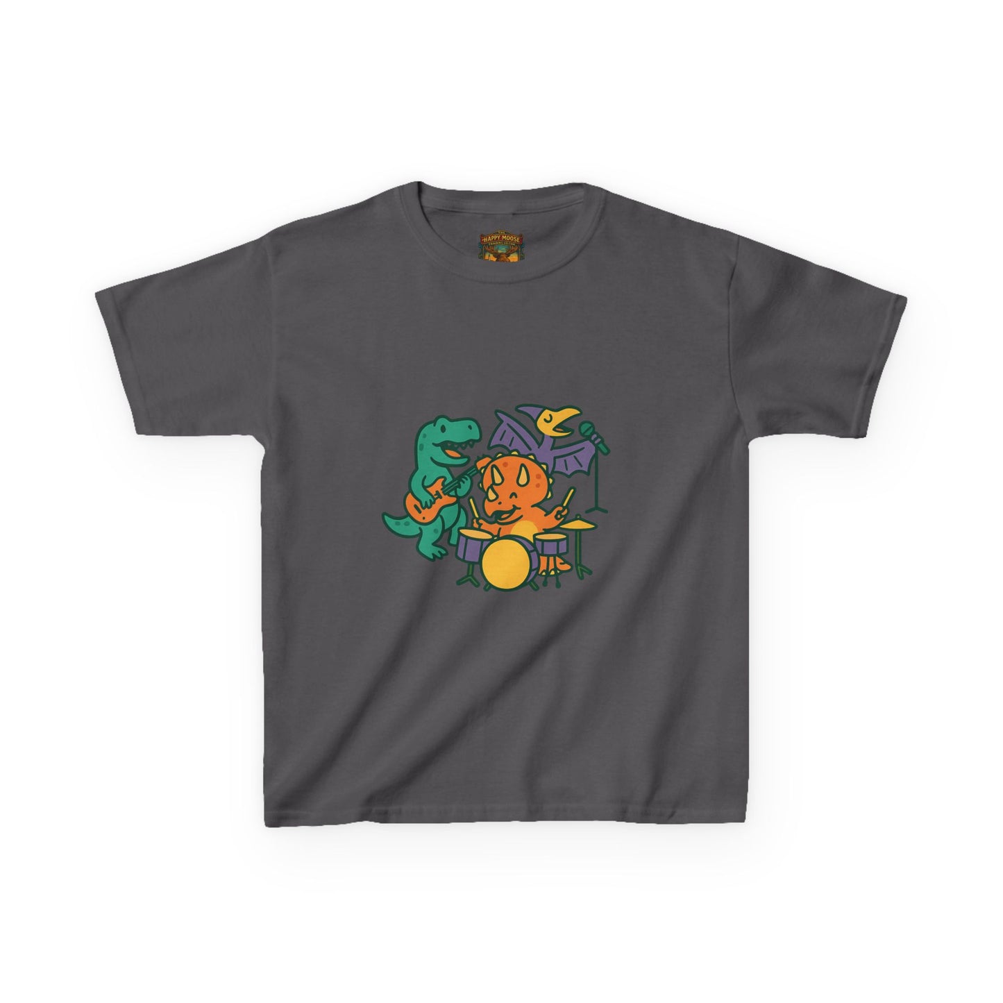 Kids Dino Band T‑Shirt — Cute Cartoon Dinosaur Drummer Tee for Boys & Girls
