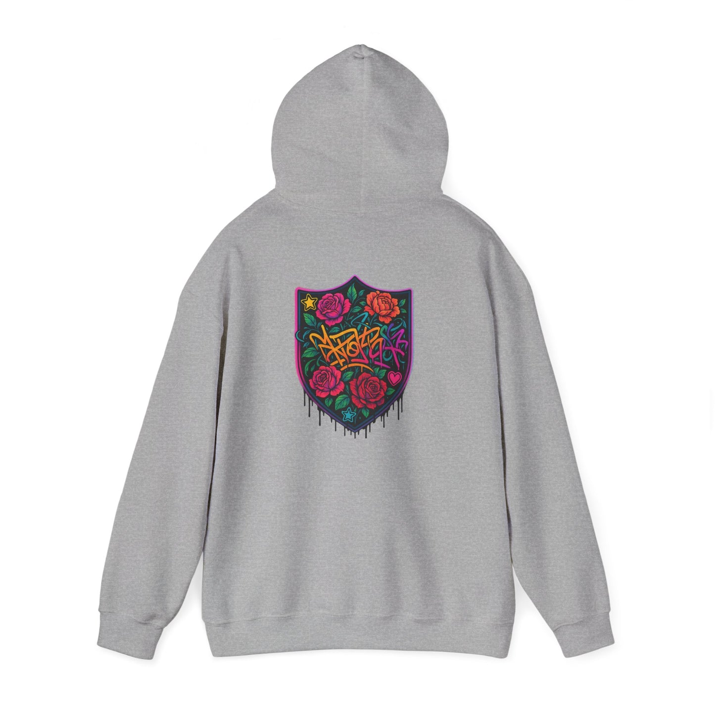 Graffiti Rose Shield Hoodie – Urban Floral Streetwear Sweatshirt