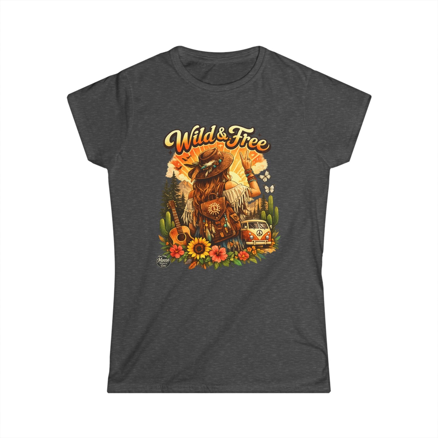 Wild & Free Women's Tee — Boho Vintage Camper T-Shirt with Sunflower & Fox Design