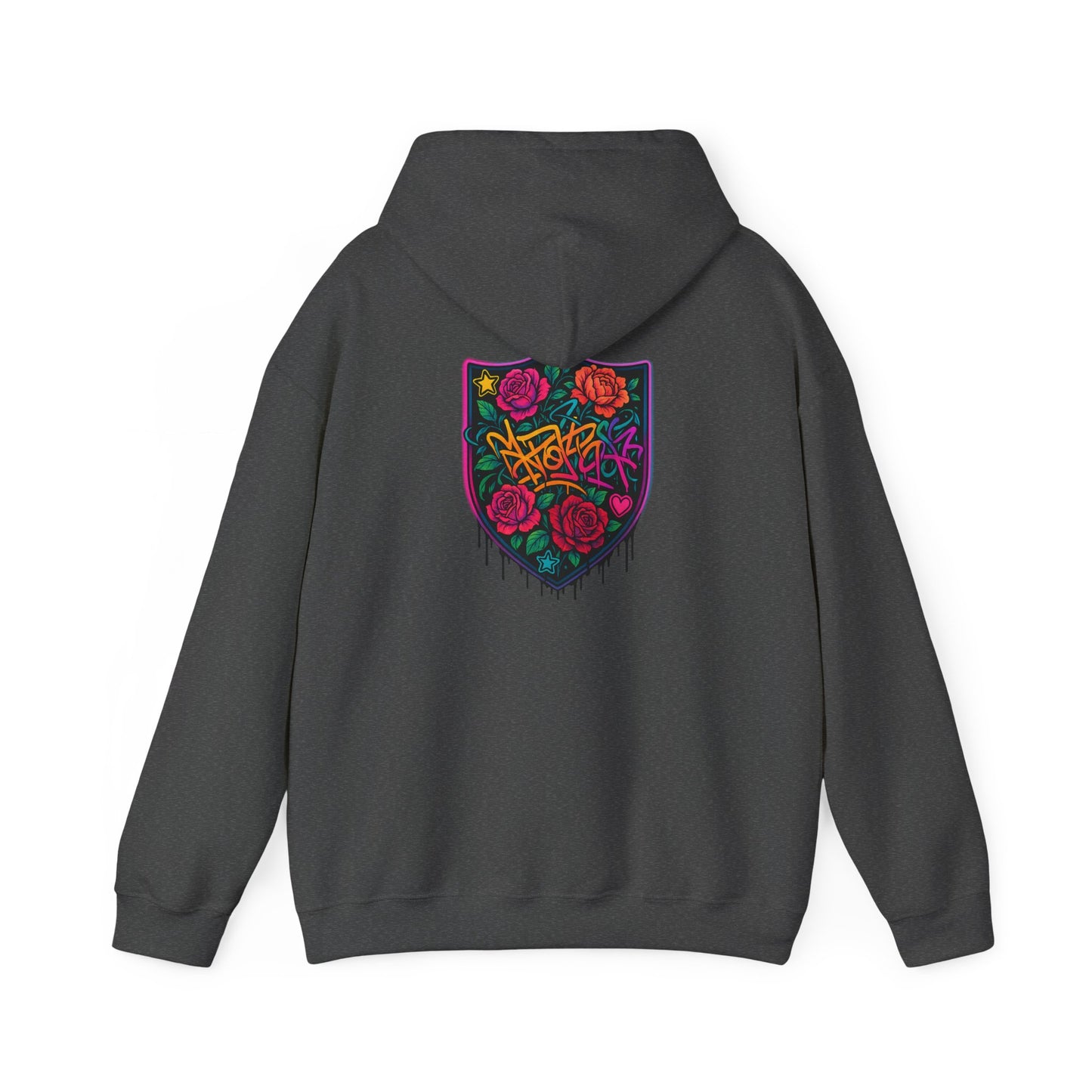 Graffiti Rose Shield Hoodie – Urban Floral Streetwear Sweatshirt