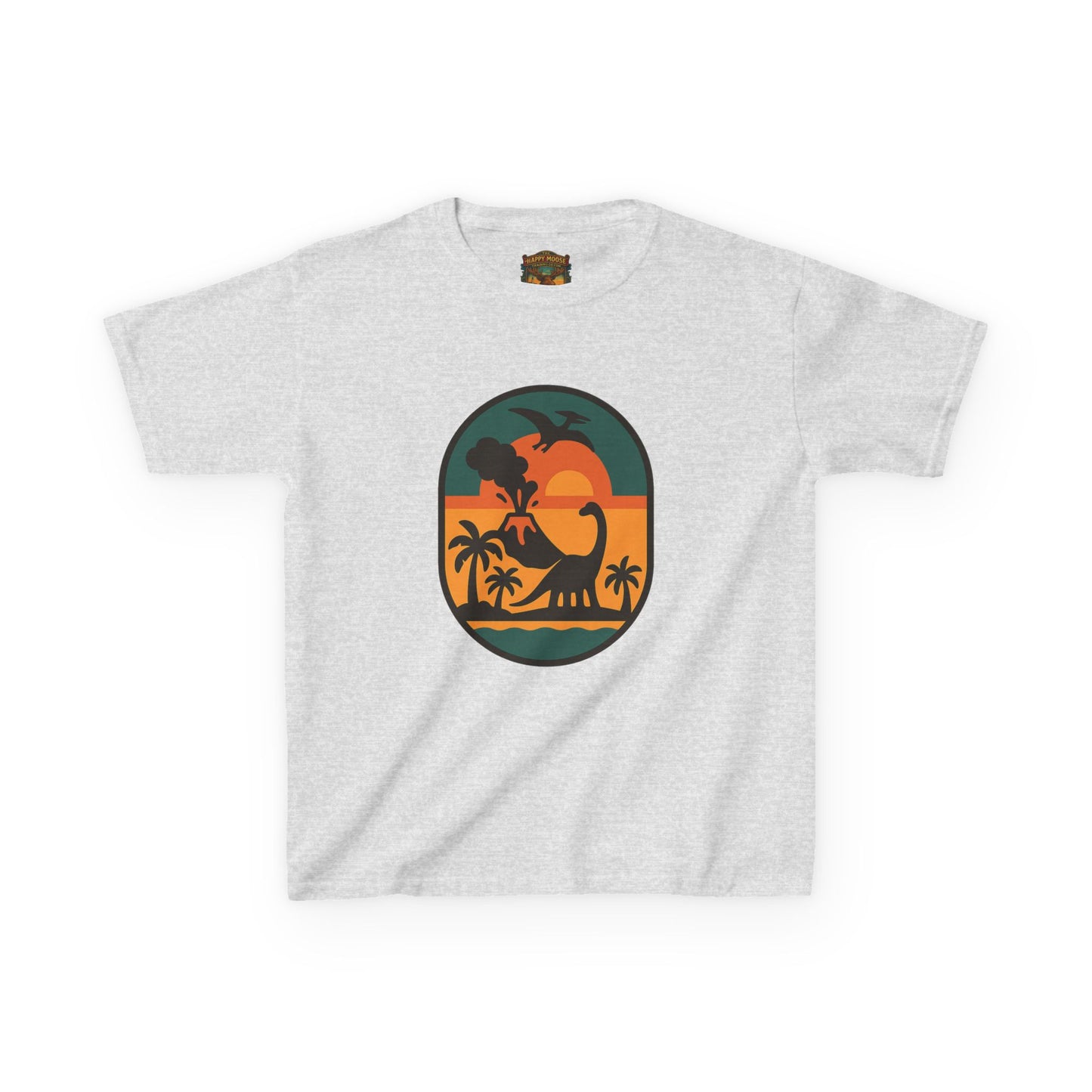 Kids T‑Shirt — Retro Tropical Dinosaur Sunset