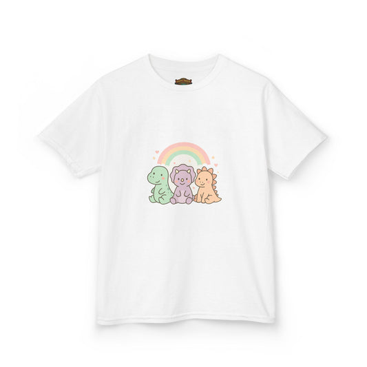Kids T-Shirt — Cute Pastel Dino Trio with Rainbow