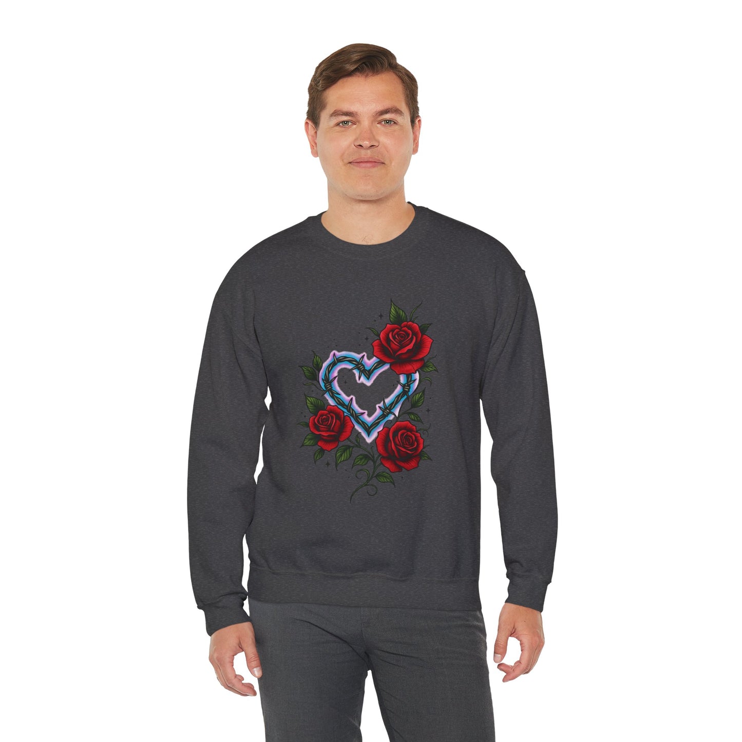 Heart & Roses Crewneck Sweatshirt — Gothic Floral Heart Design