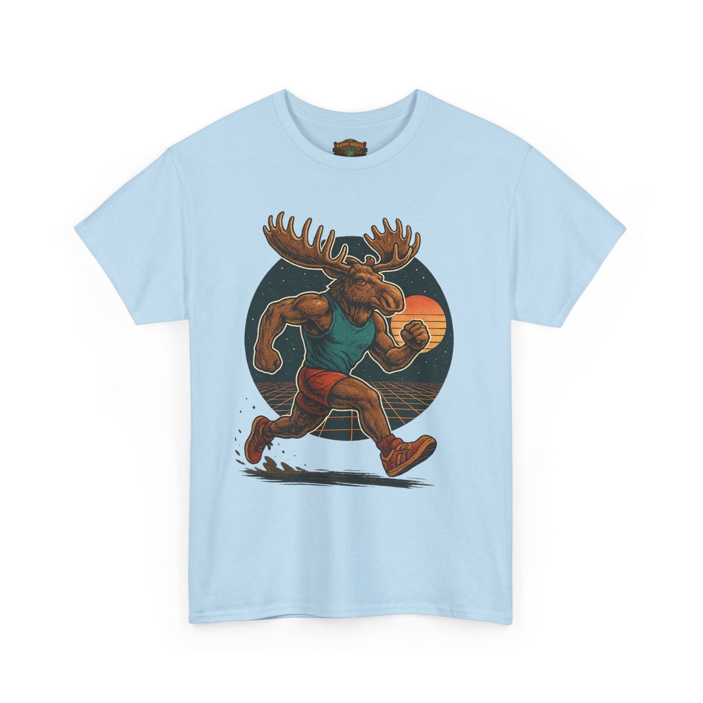 Running Moose Graphic Tee - Retro Sunset Jogging Animal Fitness Shirt