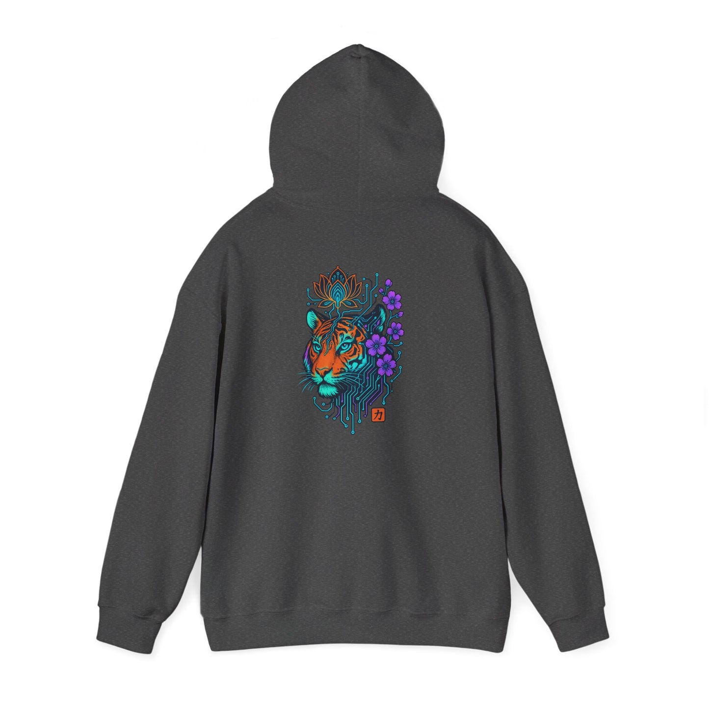 Tiger Floral Hoodie — Vibrant Tiger Head with Purple Blooms Graphic