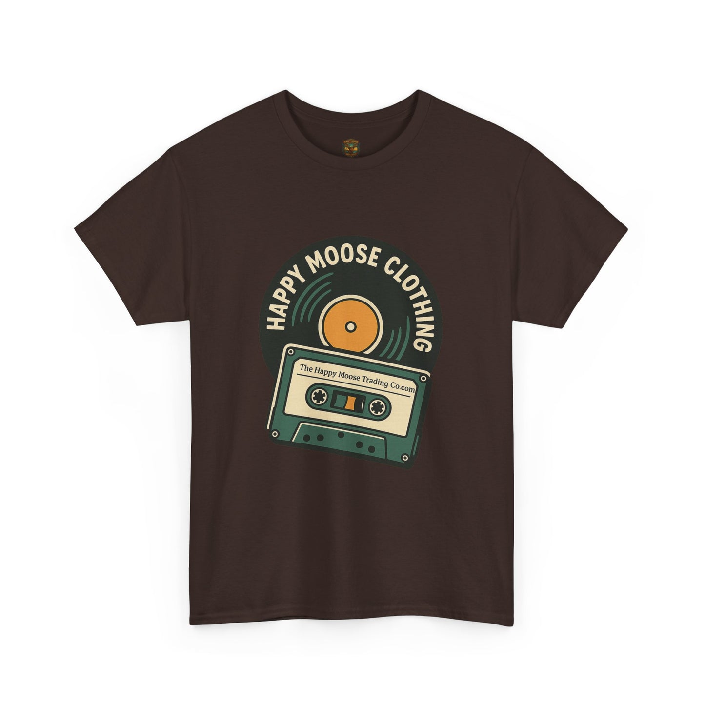 Cassette & Vinyl Retro Tee — “Happy Moose Clothing” Vintage Music Graphic T-Shirt