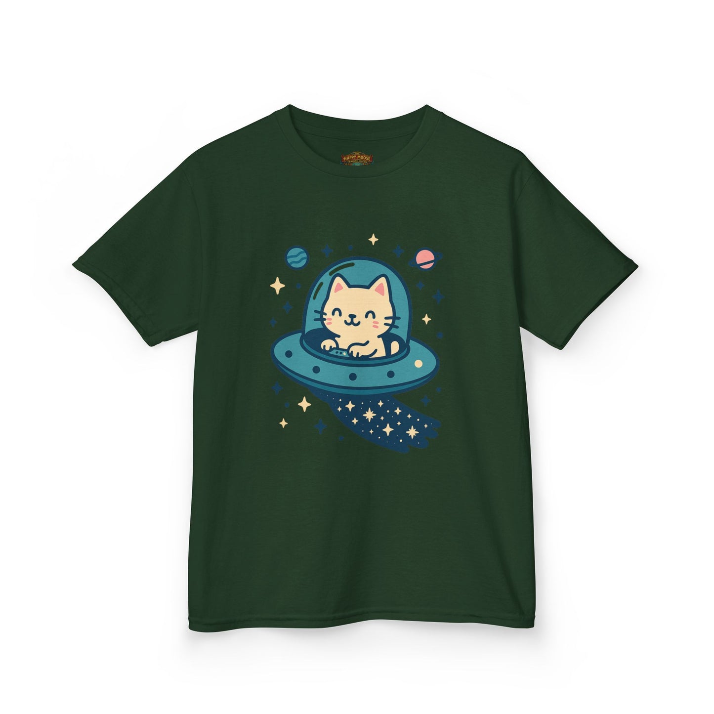 Kids Tee — Cute Cat in UFO Spacecraft Graphic
