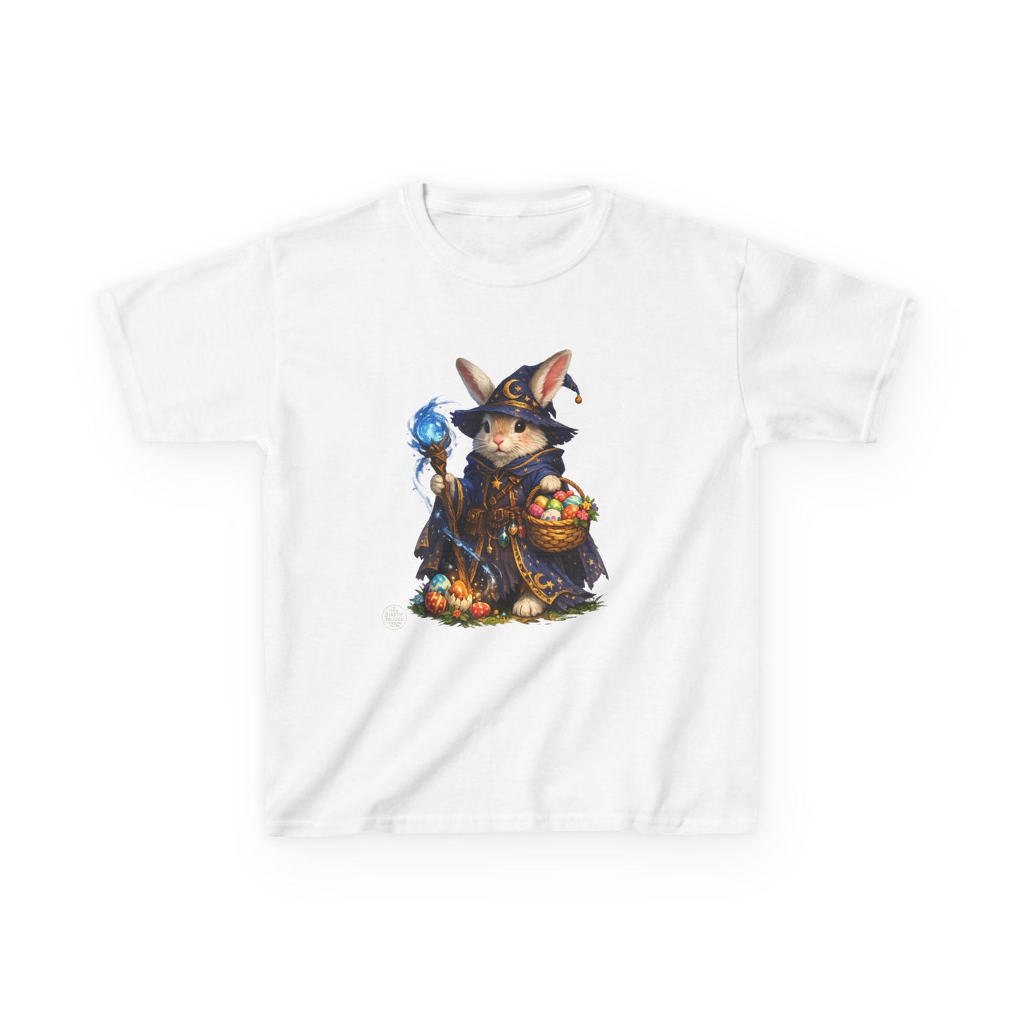 Kids Wizard Bunny T-Shirt — Cute Magic Rabbit with Staff & Basket of Treats