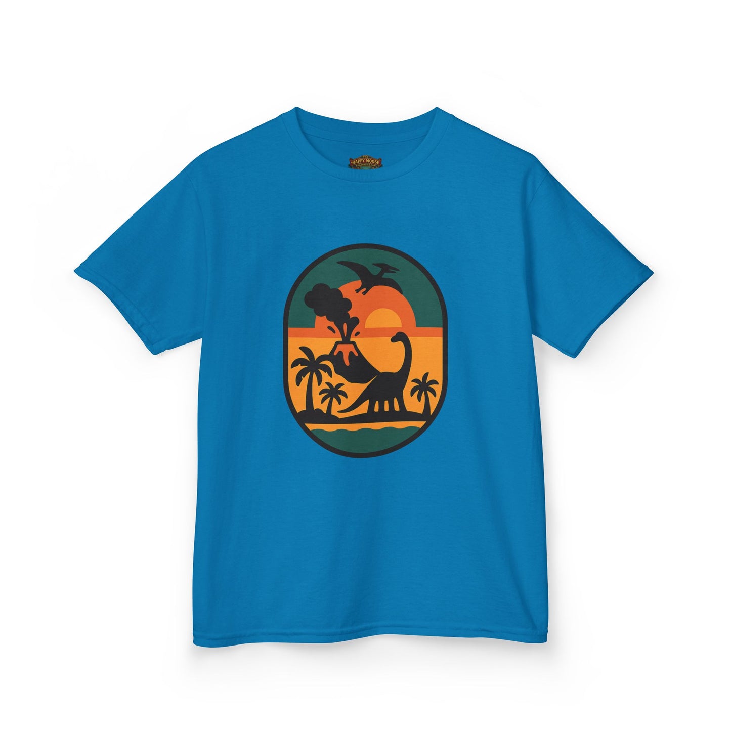 Kids T‑Shirt — Retro Tropical Dinosaur Sunset