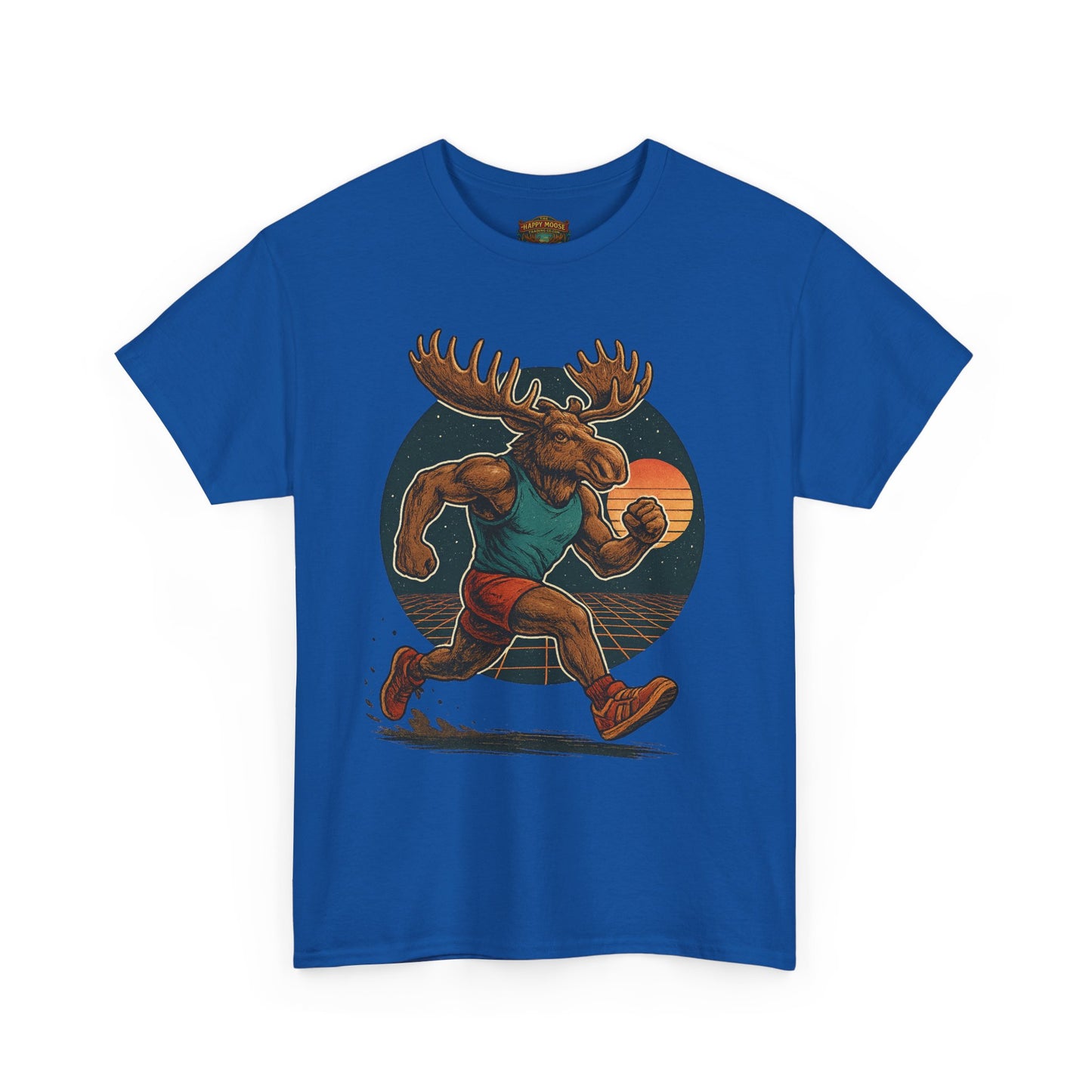Running Moose Graphic Tee - Retro Sunset Jogging Animal Fitness Shirt