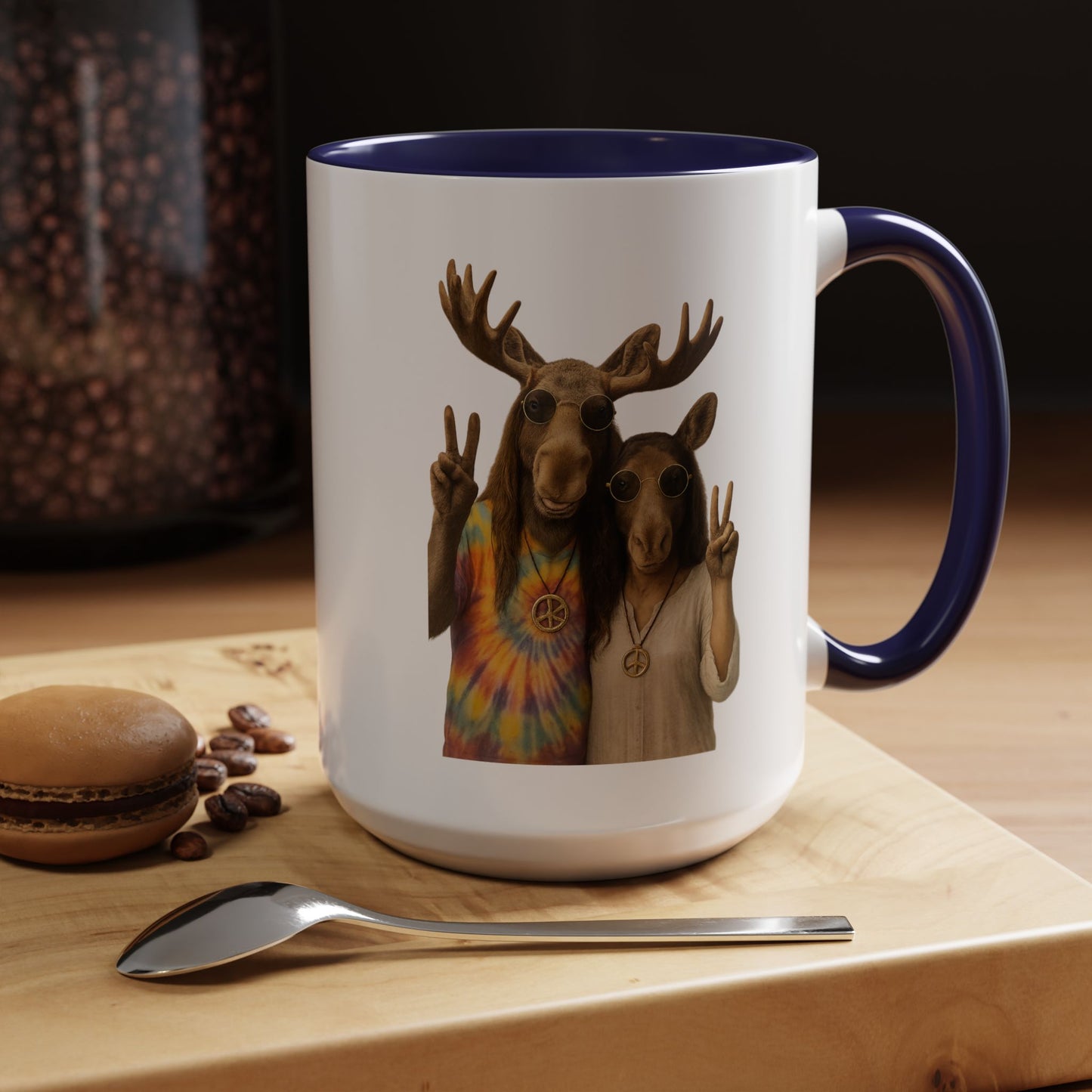 Peaceful Moose Couple Accent Coffee Mug — Hippie Tie-Dye Moose Peace Sign 11/15oz