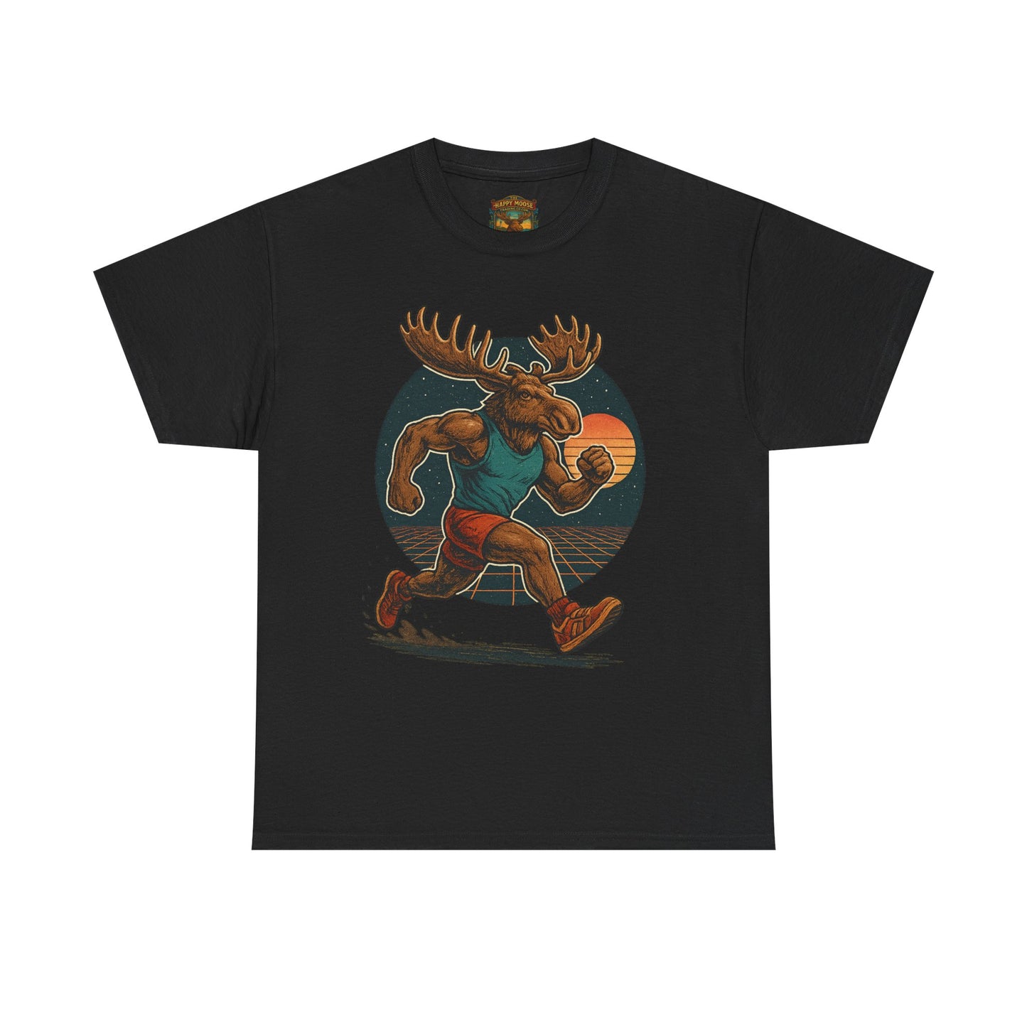 Running Moose Graphic Tee - Retro Sunset Jogging Animal Fitness Shirt