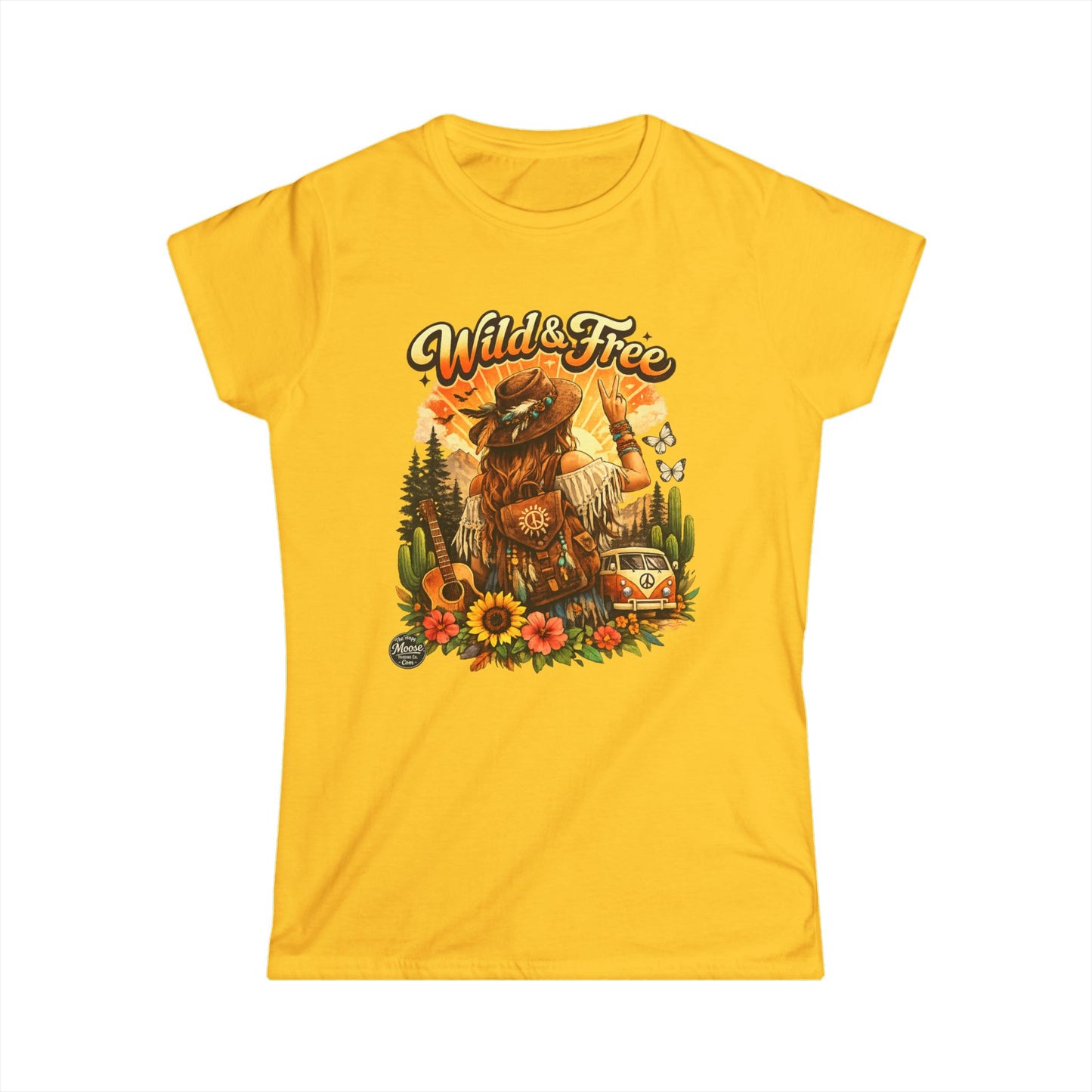 Wild & Free Women's Tee — Boho Vintage Camper T-Shirt with Sunflower & Fox Design