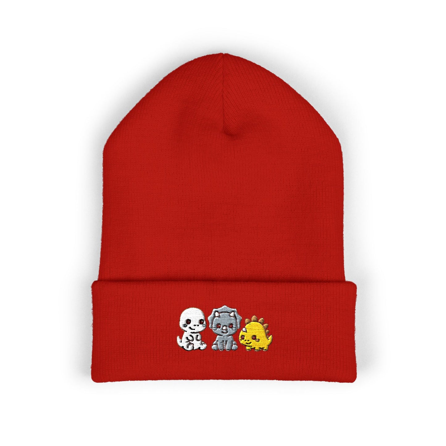 Embroidered Cute Character Cuffed Beanie — Trio Skull, Robot & Chick Winter Hat