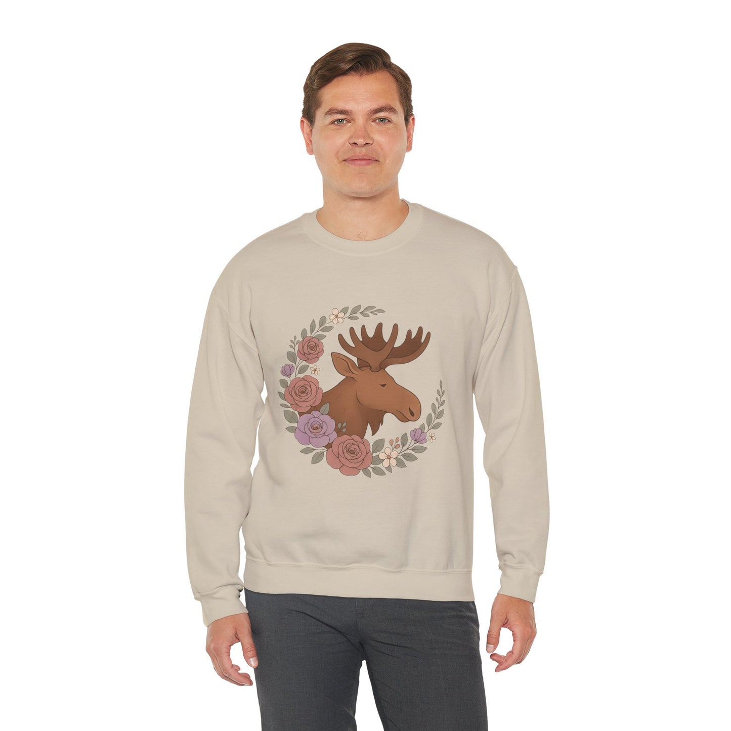 Moose Floral Crewneck Sweatshirt — Rustic Woodland Animal Sweatshirt