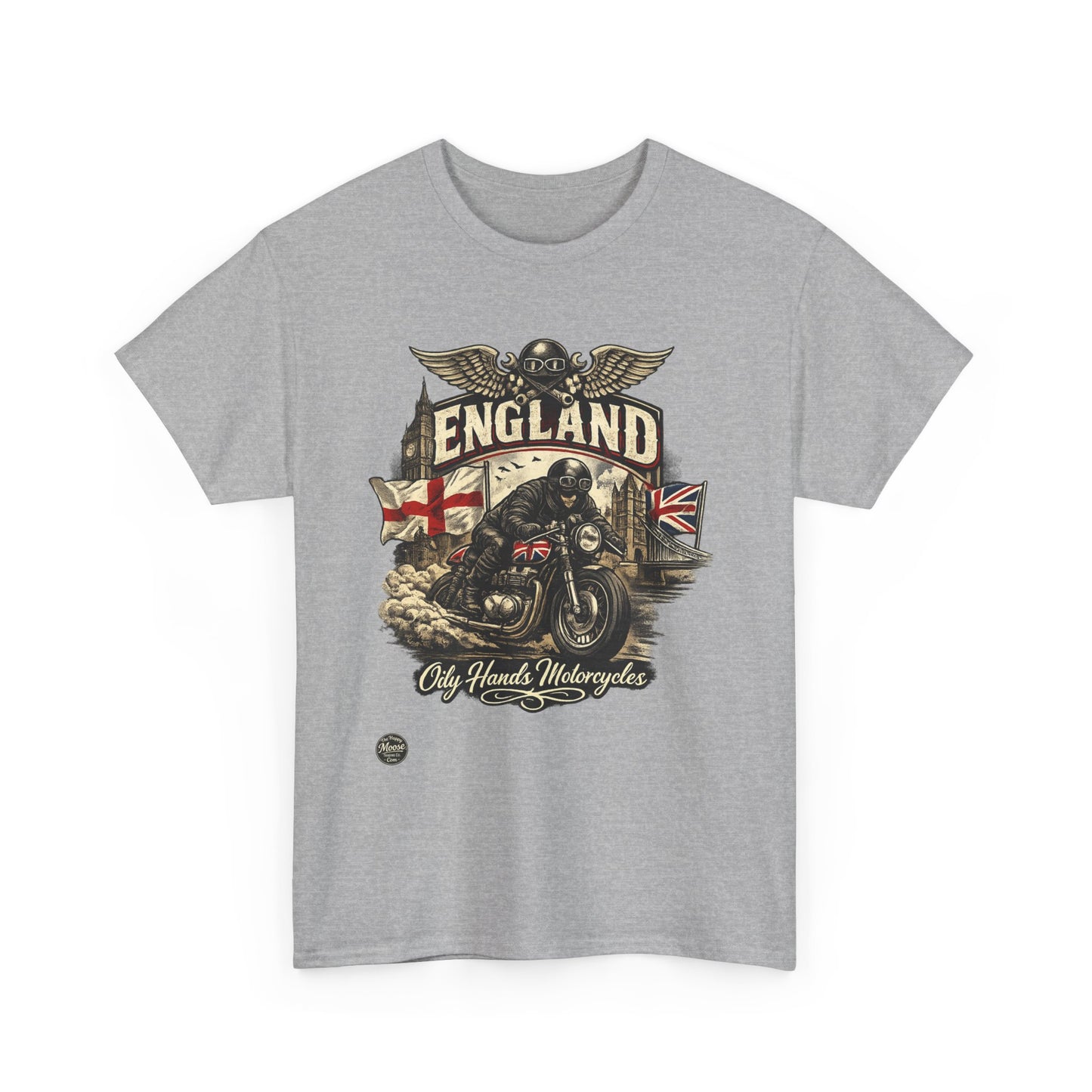 Oily Hands England Motorcycle Tee — Old Hands Biker Vintage Flag Graphic T-Shirt #009 E