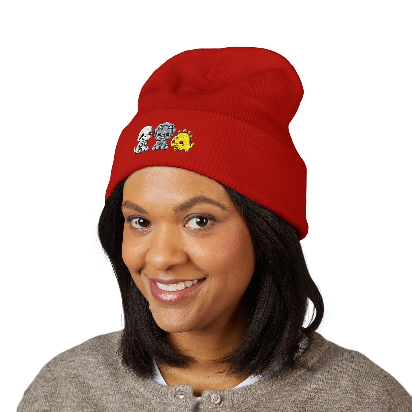 Embroidered Cute Character Cuffed Beanie — Trio Skull, Robot & Chick Winter Hat