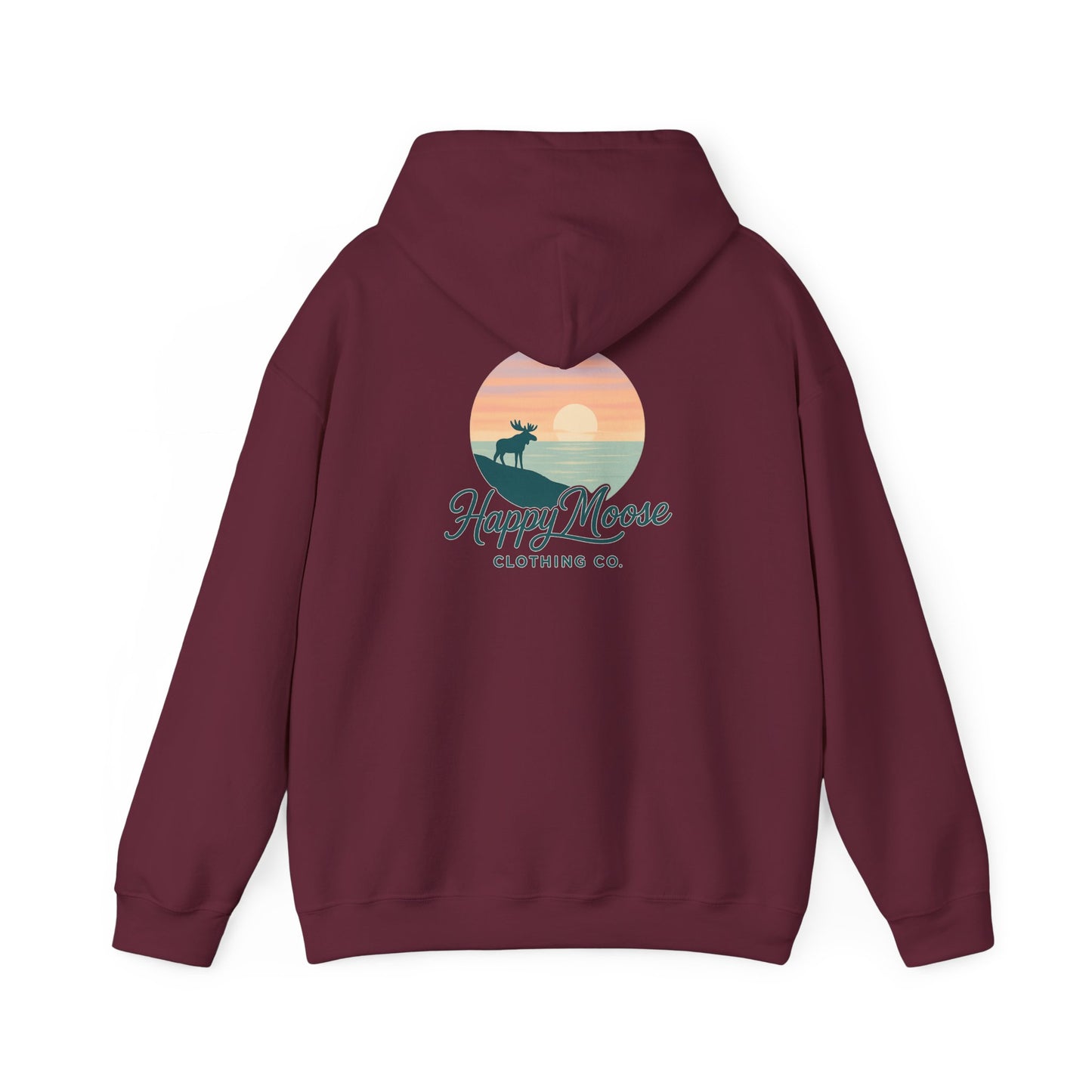 Happy Moose Hoodie — Sunset Lake Graphic Hooded Sweatshirt
