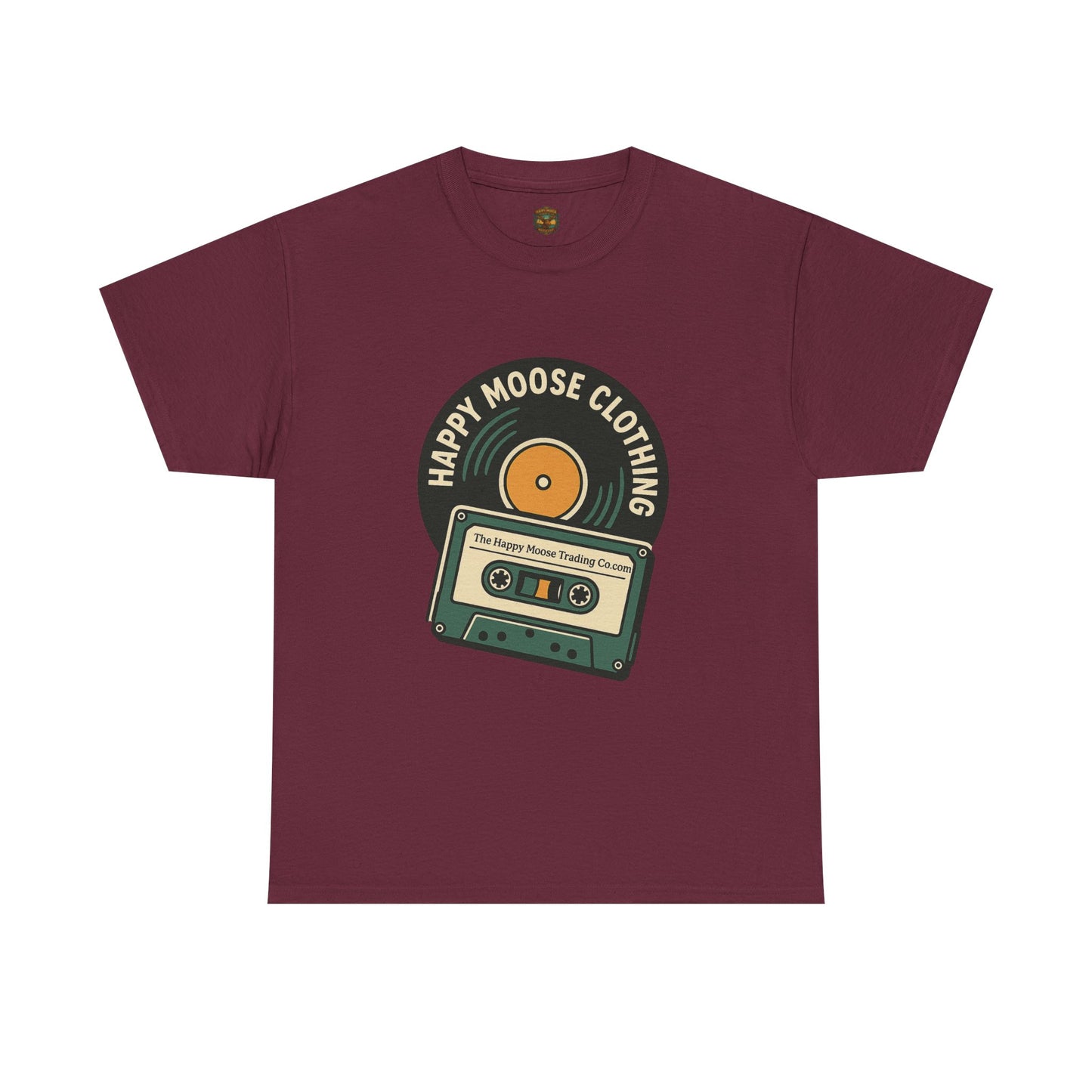 Cassette & Vinyl Retro Tee — “Happy Moose Clothing” Vintage Music Graphic T-Shirt