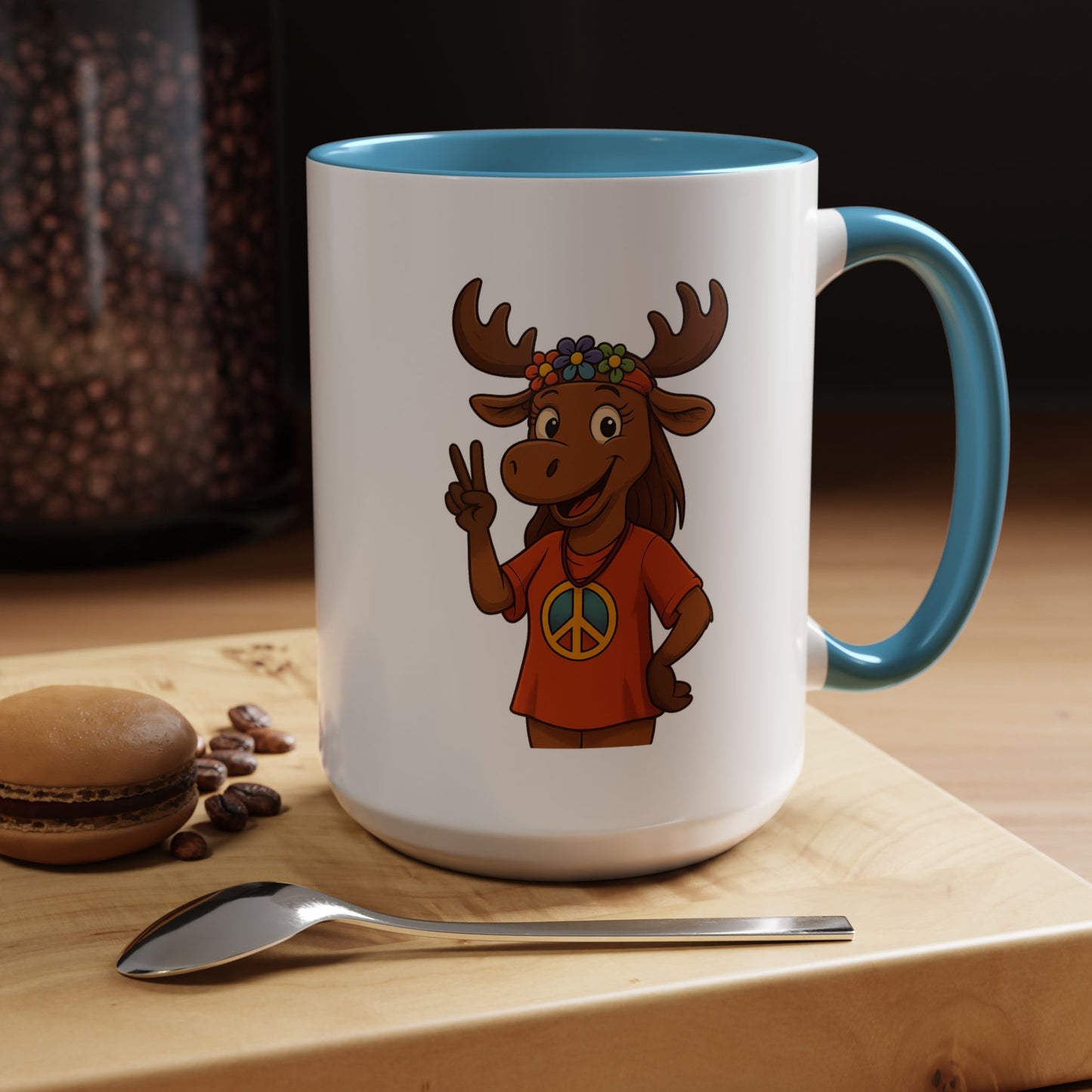 Peace Sign Moose Accent Coffee Mug — Hippie Moose with Flower Crown (11/15oz)