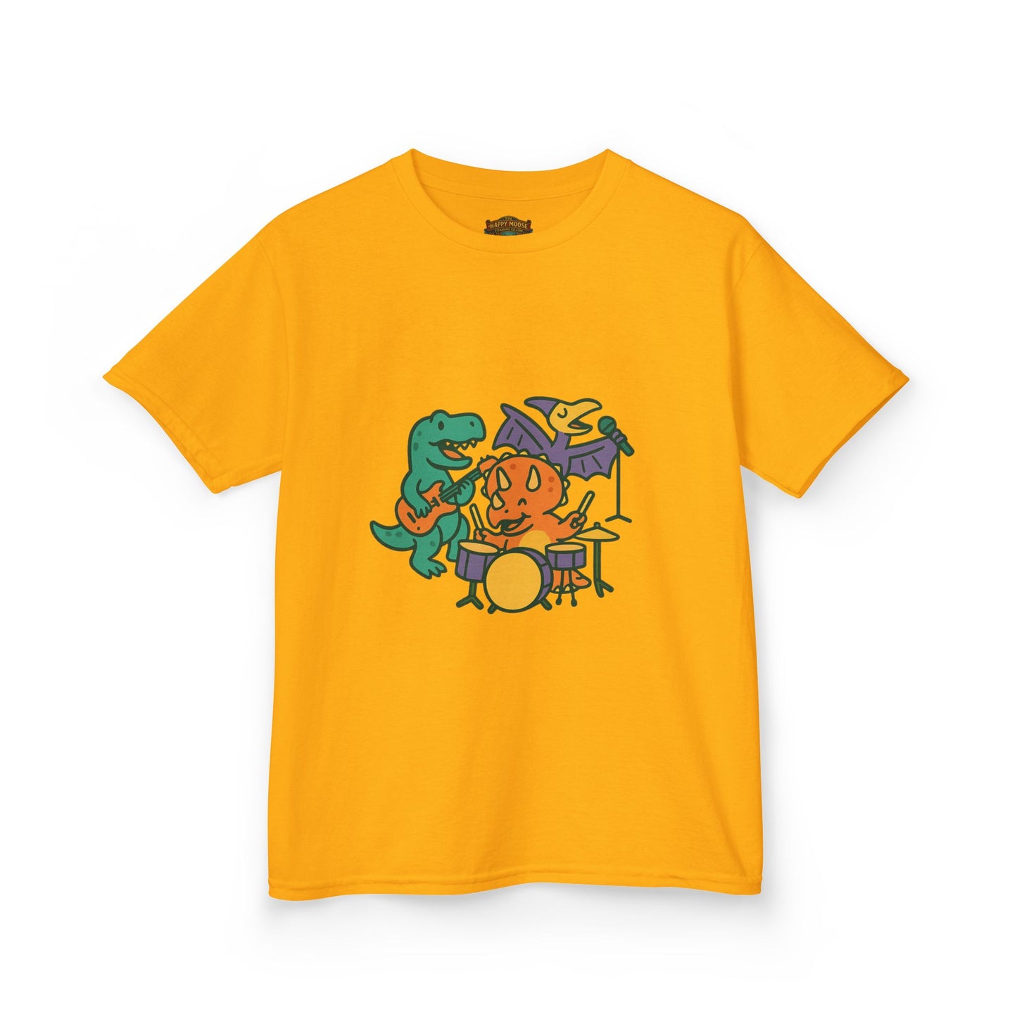 Kids Dino Band T‑Shirt — Cute Cartoon Dinosaur Drummer Tee for Boys & Girls
