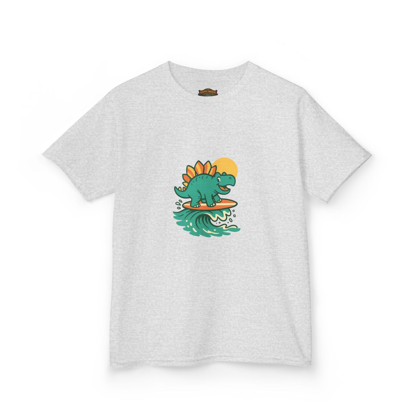 Kids Surfing Dinosaur T-Shirt — Cute Stegosaurus on Wave Graphic Tee