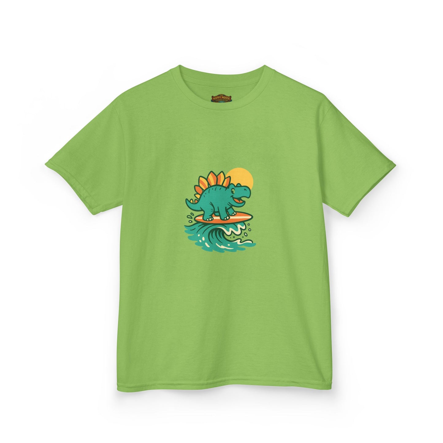 Kids Surfing Dinosaur T-Shirt — Cute Stegosaurus on Wave Graphic Tee