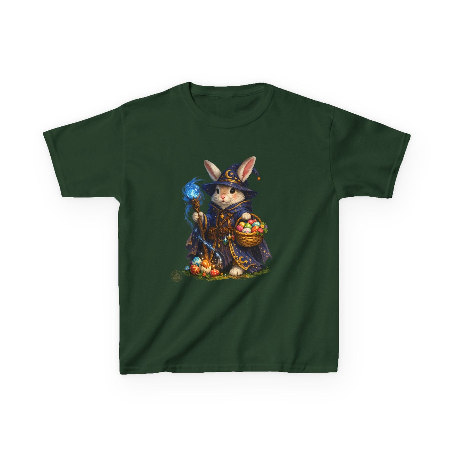 Kids Wizard Bunny T-Shirt — Cute Magic Rabbit with Staff & Basket of Treats