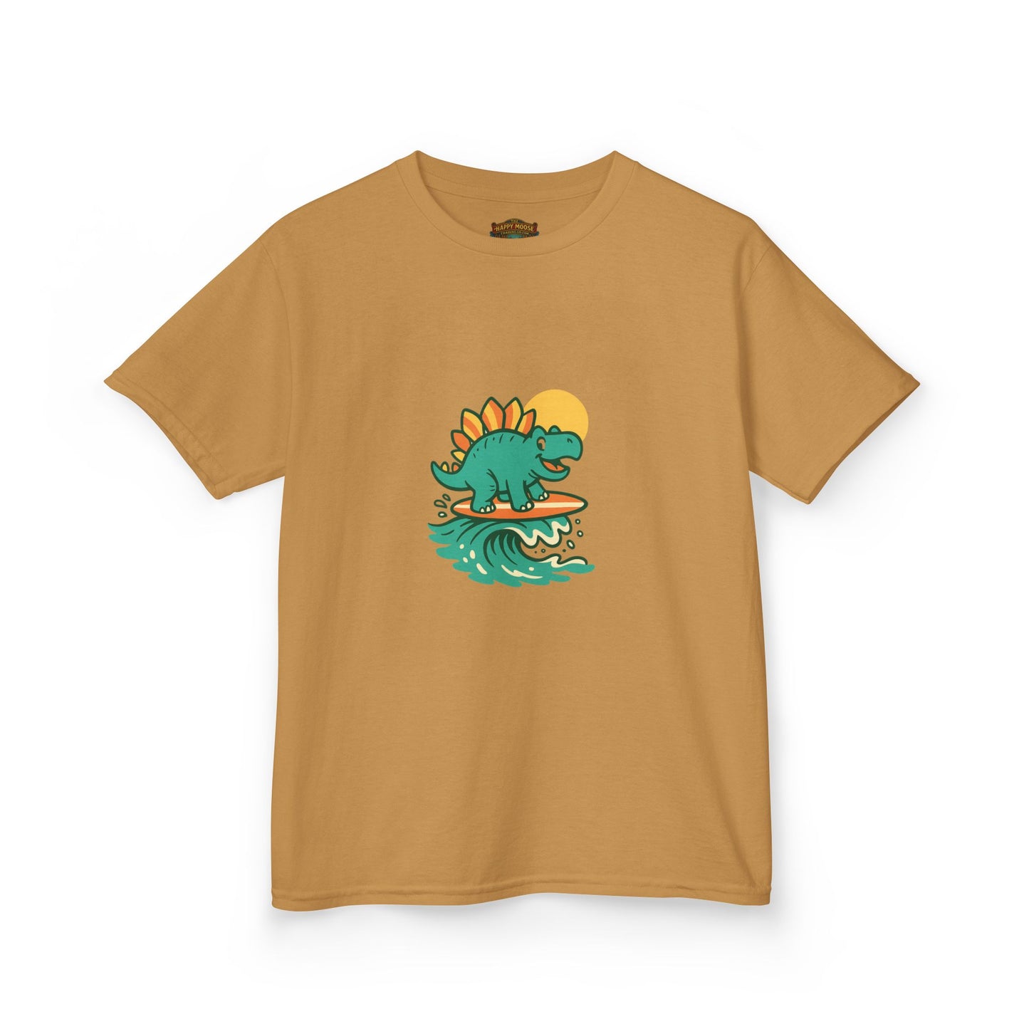 Kids Surfing Dinosaur T-Shirt — Cute Stegosaurus on Wave Graphic Tee