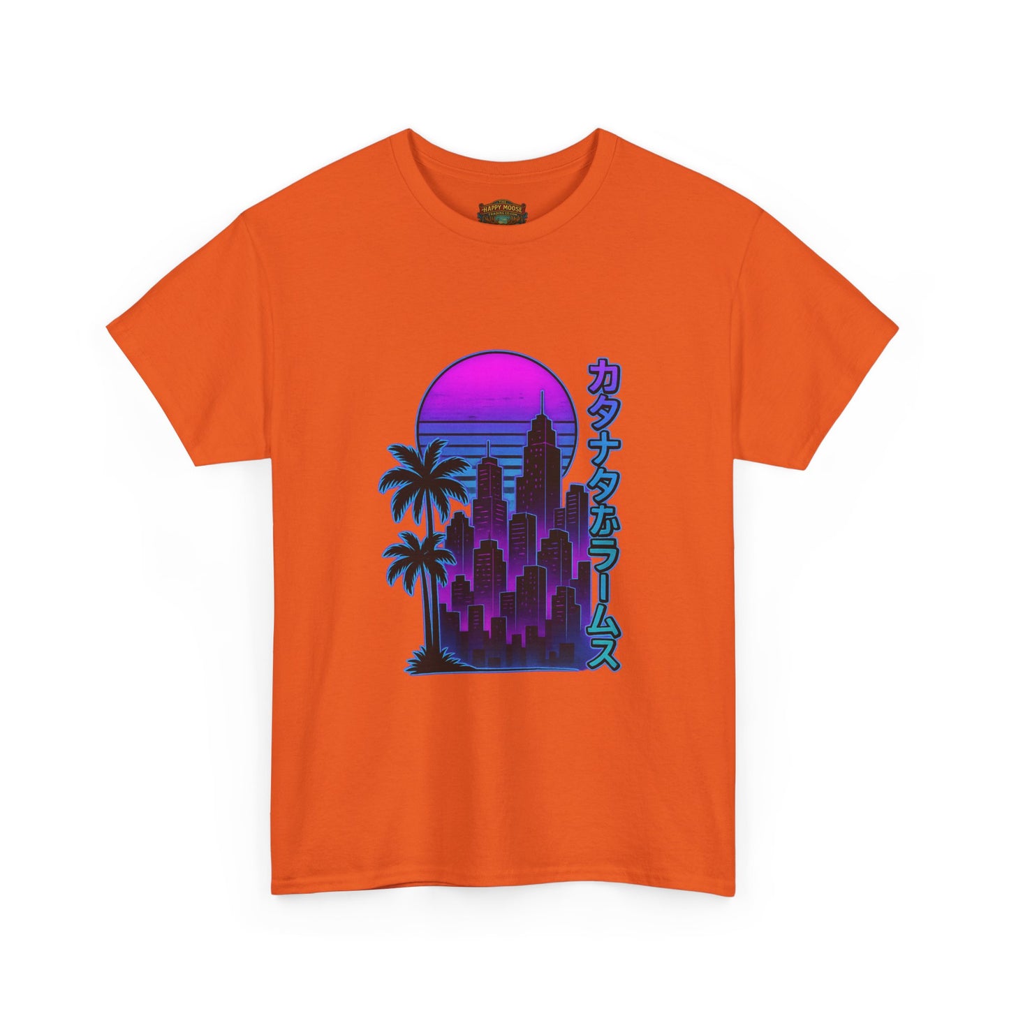 Retro Vaporwave Tee — Neon Sunset City with Palm Trees & Japanese Text