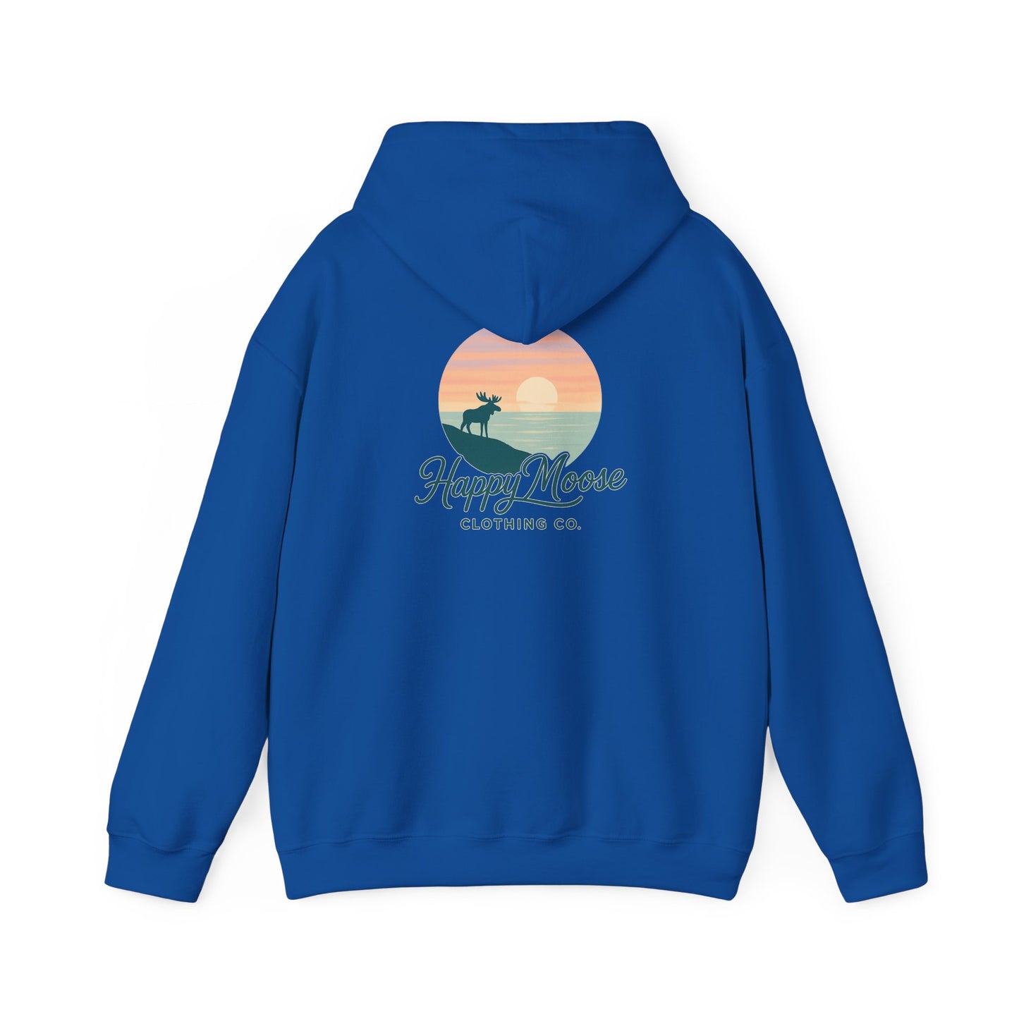 Happy Moose Hoodie — Sunset Lake Graphic Hooded Sweatshirt