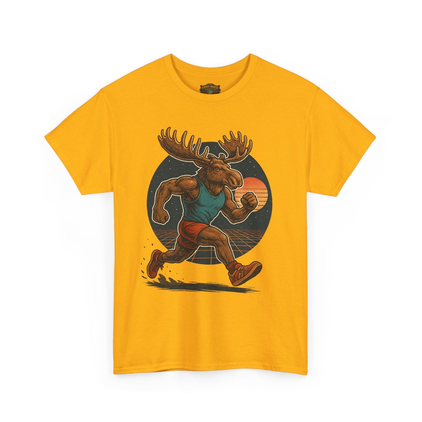 Running Moose Graphic Tee - Retro Sunset Jogging Animal Fitness Shirt