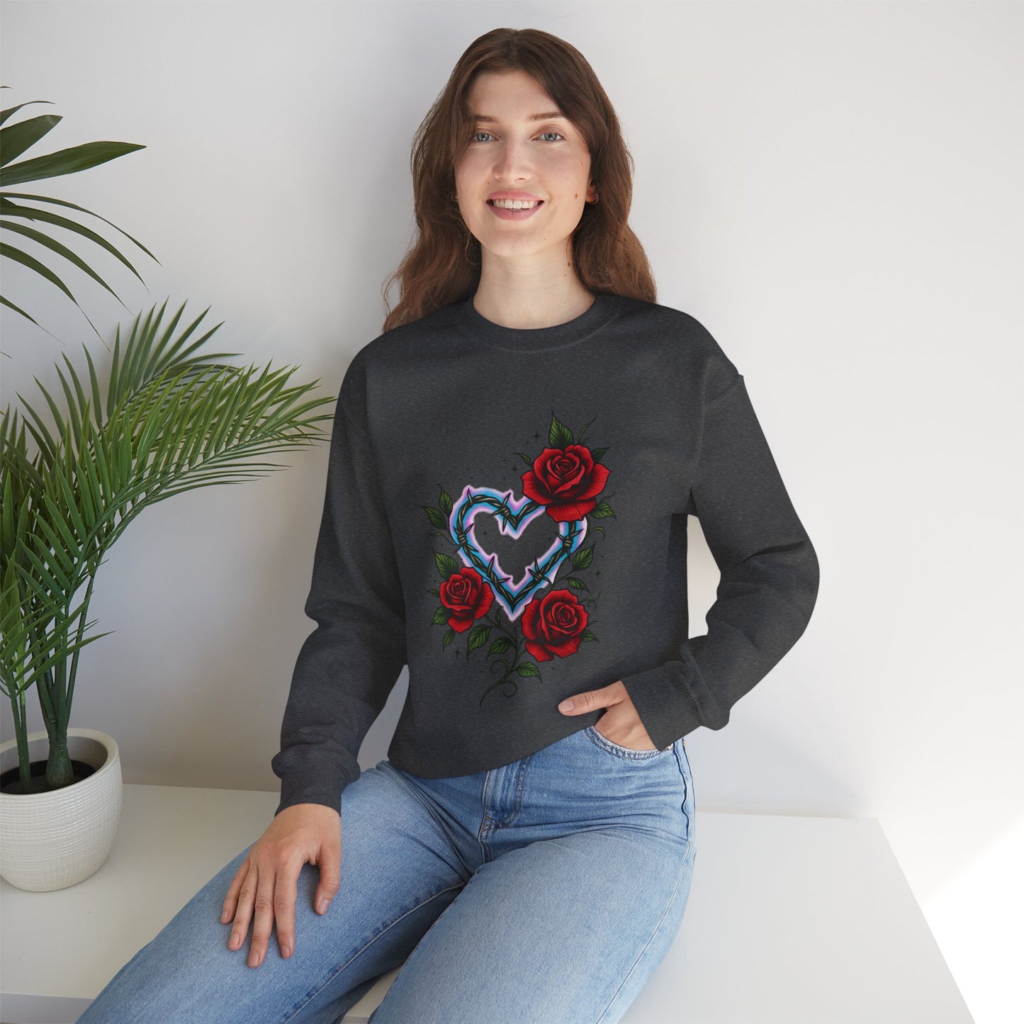 Heart & Roses Crewneck Sweatshirt — Gothic Floral Heart Design
