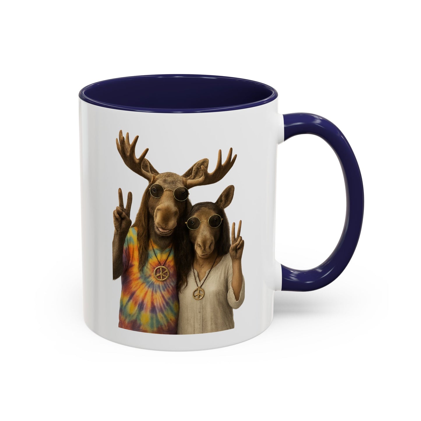 Peaceful Moose Couple Accent Coffee Mug — Hippie Tie-Dye Moose Peace Sign 11/15oz