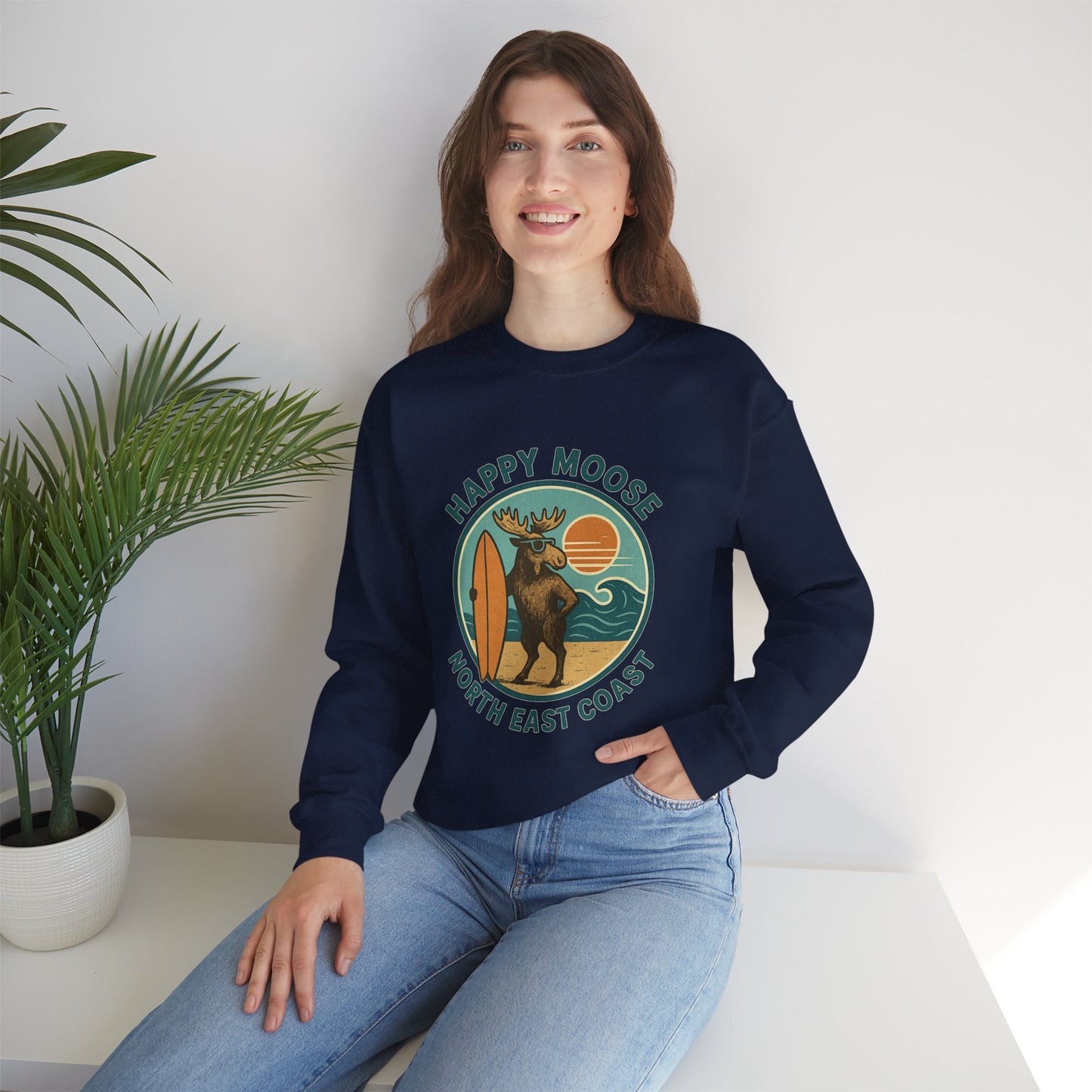 Happy Moose North East Coast Crewneck Sweatshirt — Vintage Surf Moose Graphic