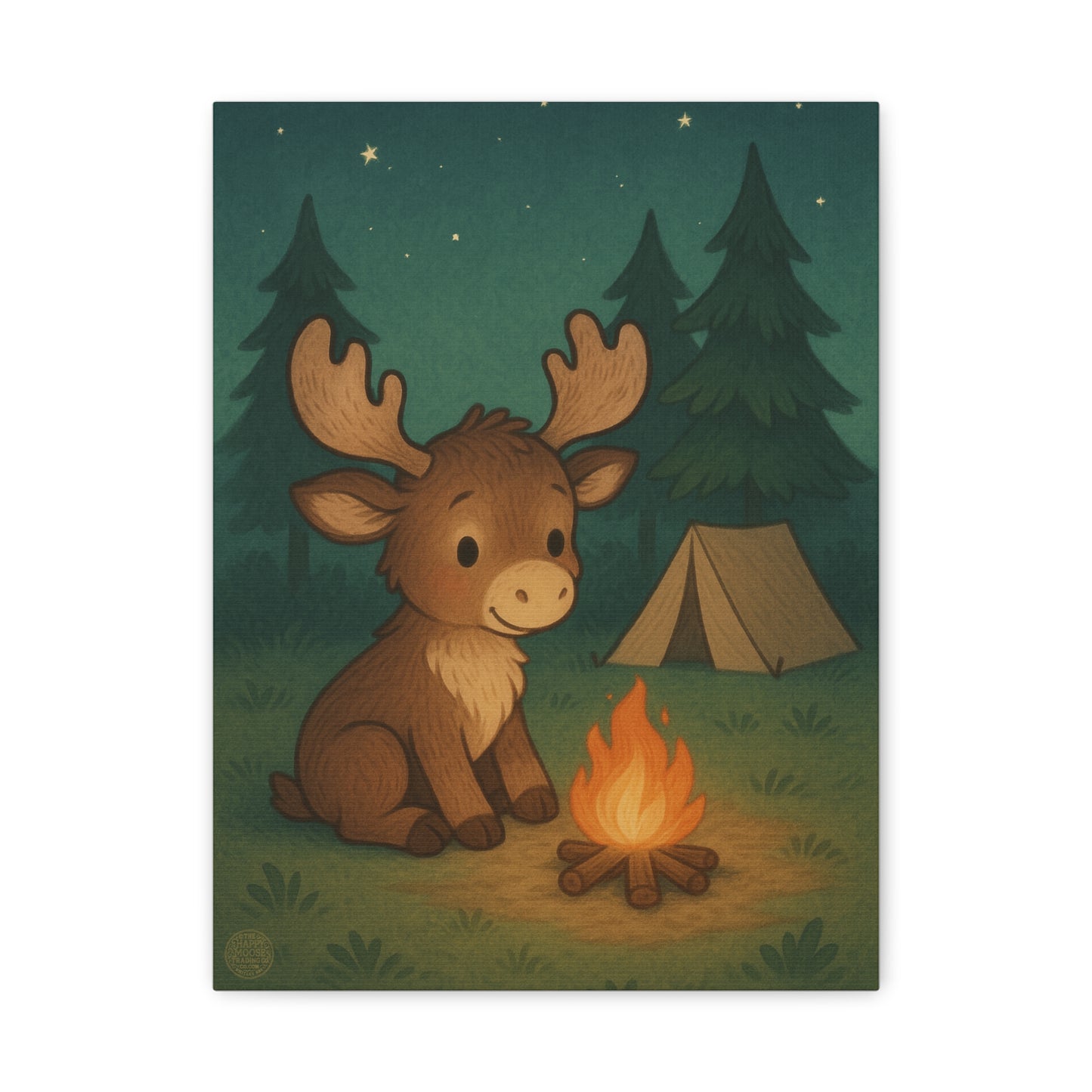 Cute Camping Moose Canvas Print — Kids Woodland Nursery Wall Art