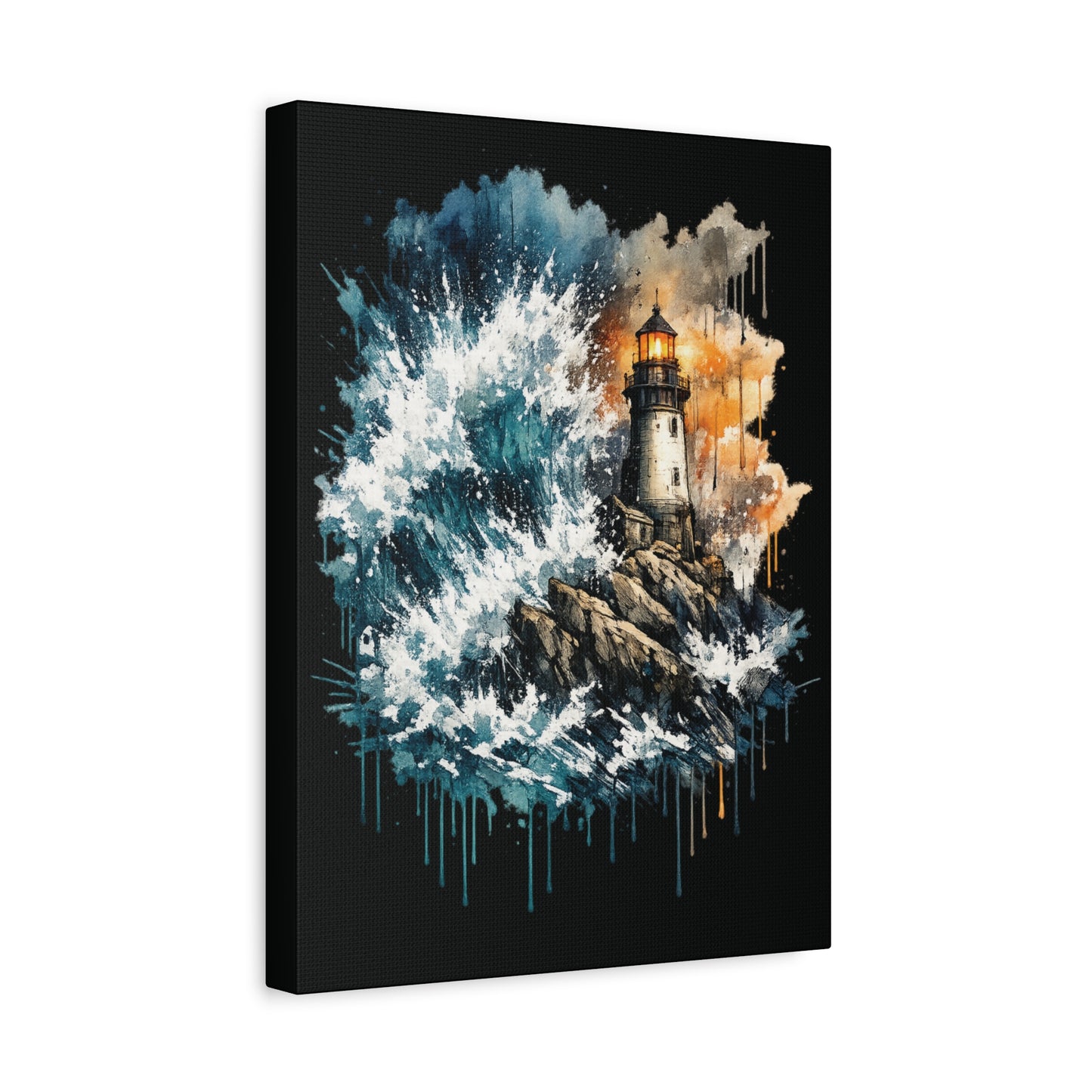 Lighthouse Storm Matte Canvas Wall Art — Dramatic Ocean Wave Seascape C001