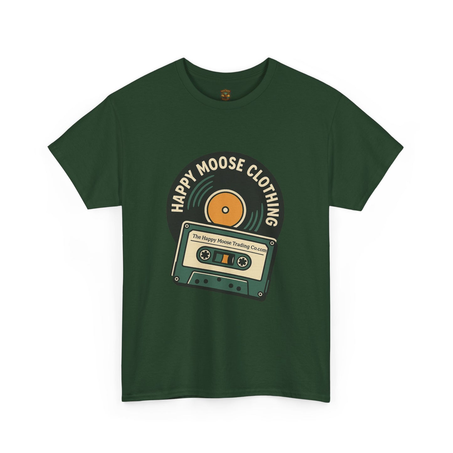 Cassette & Vinyl Retro Tee — “Happy Moose Clothing” Vintage Music Graphic T-Shirt