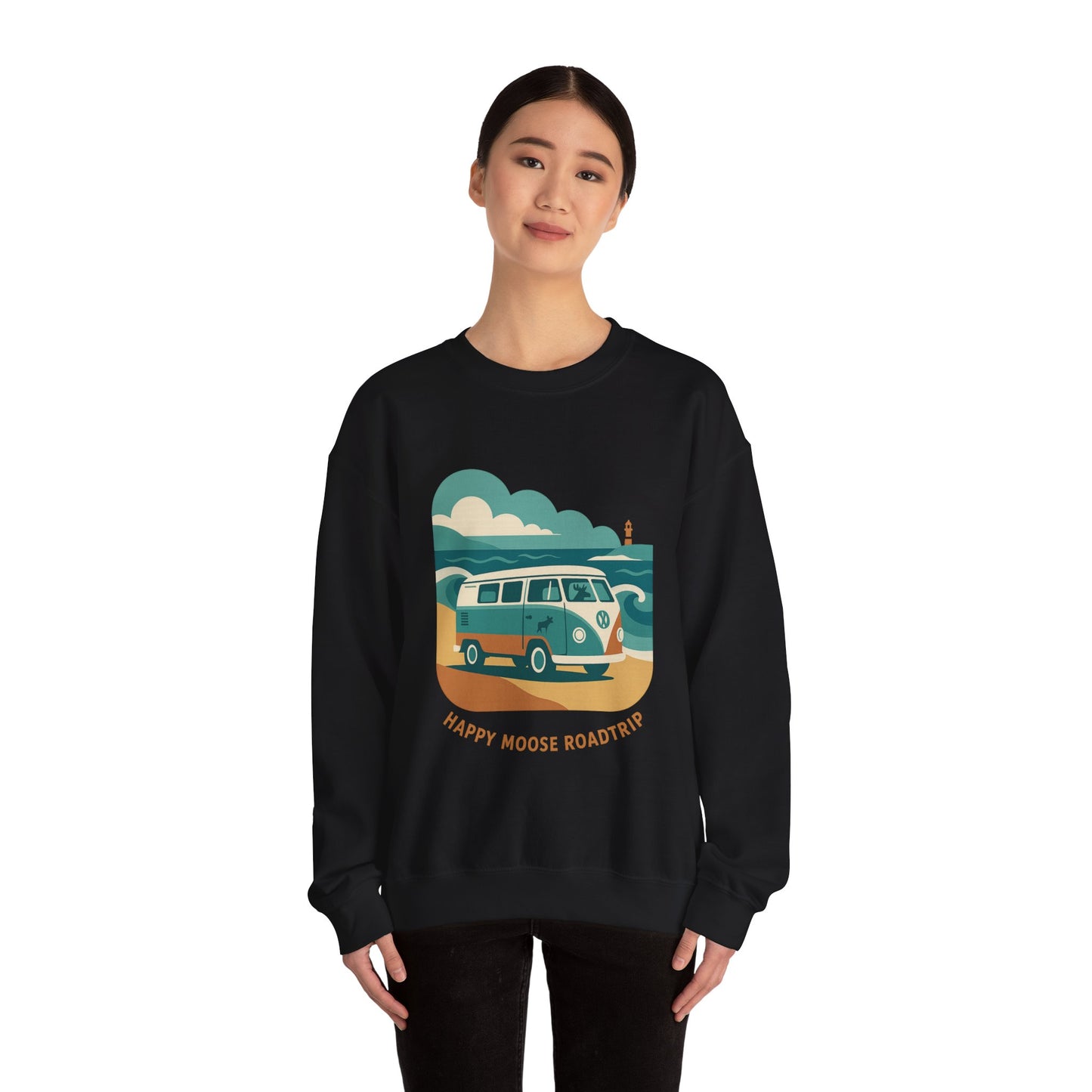 Road Trip Crewneck Sweatshirt — "Happy Moose Roadtrip" Vintage Van Graphic